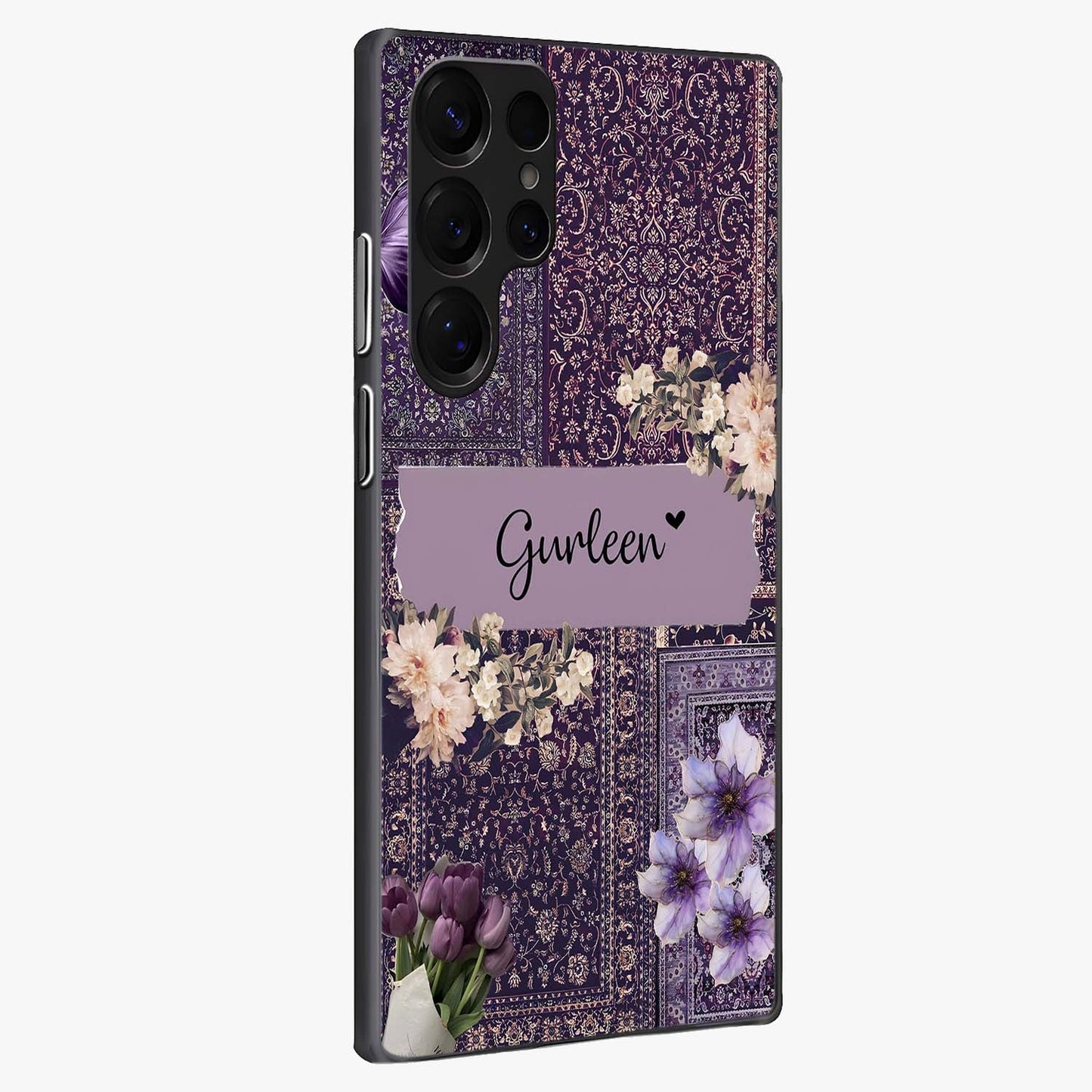 Antique Floral Whisper Custom Name Glass Case upright view showcasing delicate floral artwork with custom name feature.