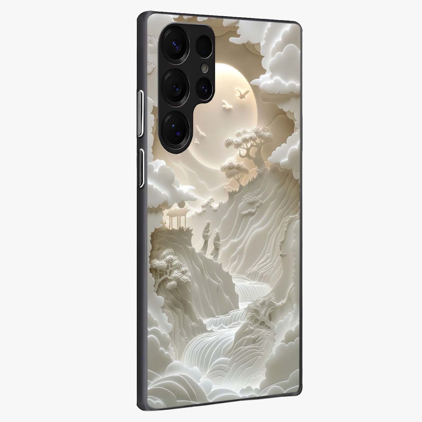 Celestial Origami Glass Case upright view showcasing creative origami artwork with modern celestial style.