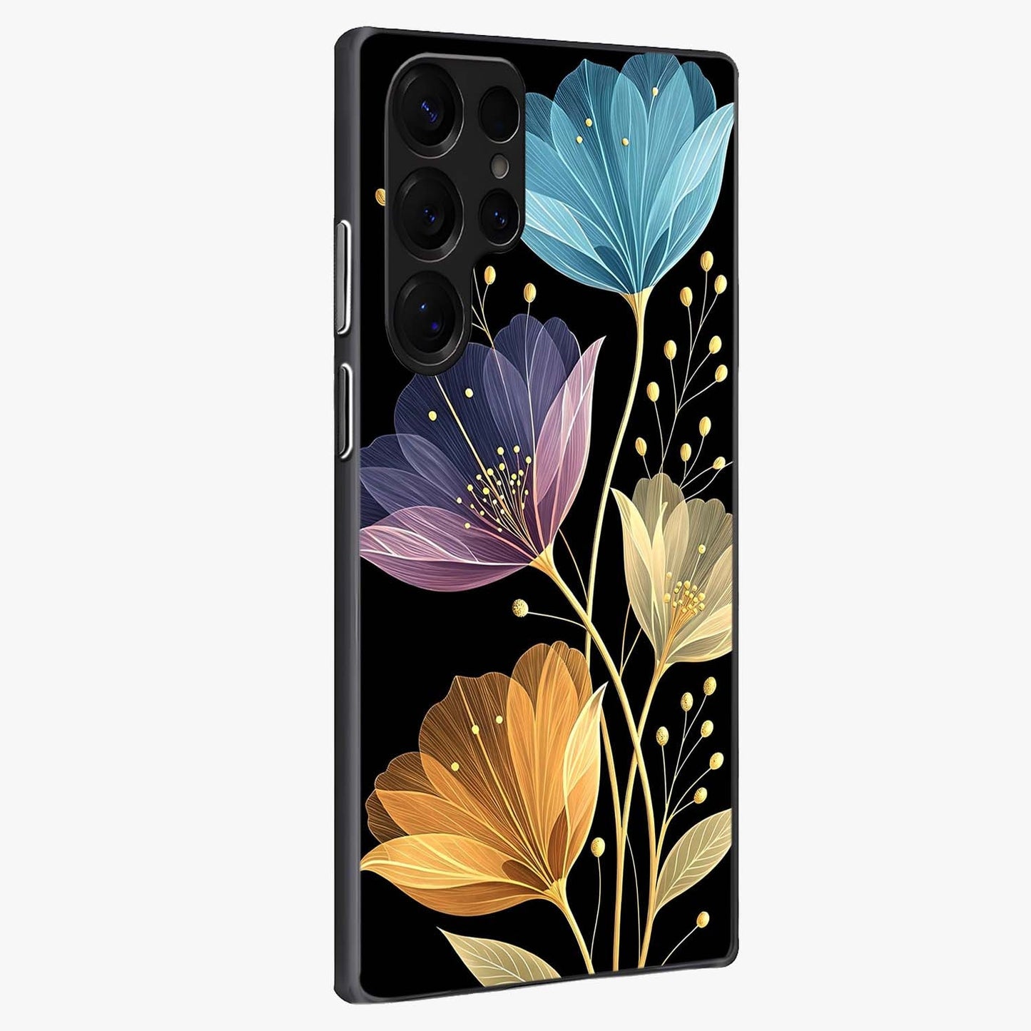 Delicate Multicolor Flowers Glass Case upright view showcasing delicate floral artwork with bright botanical theme.