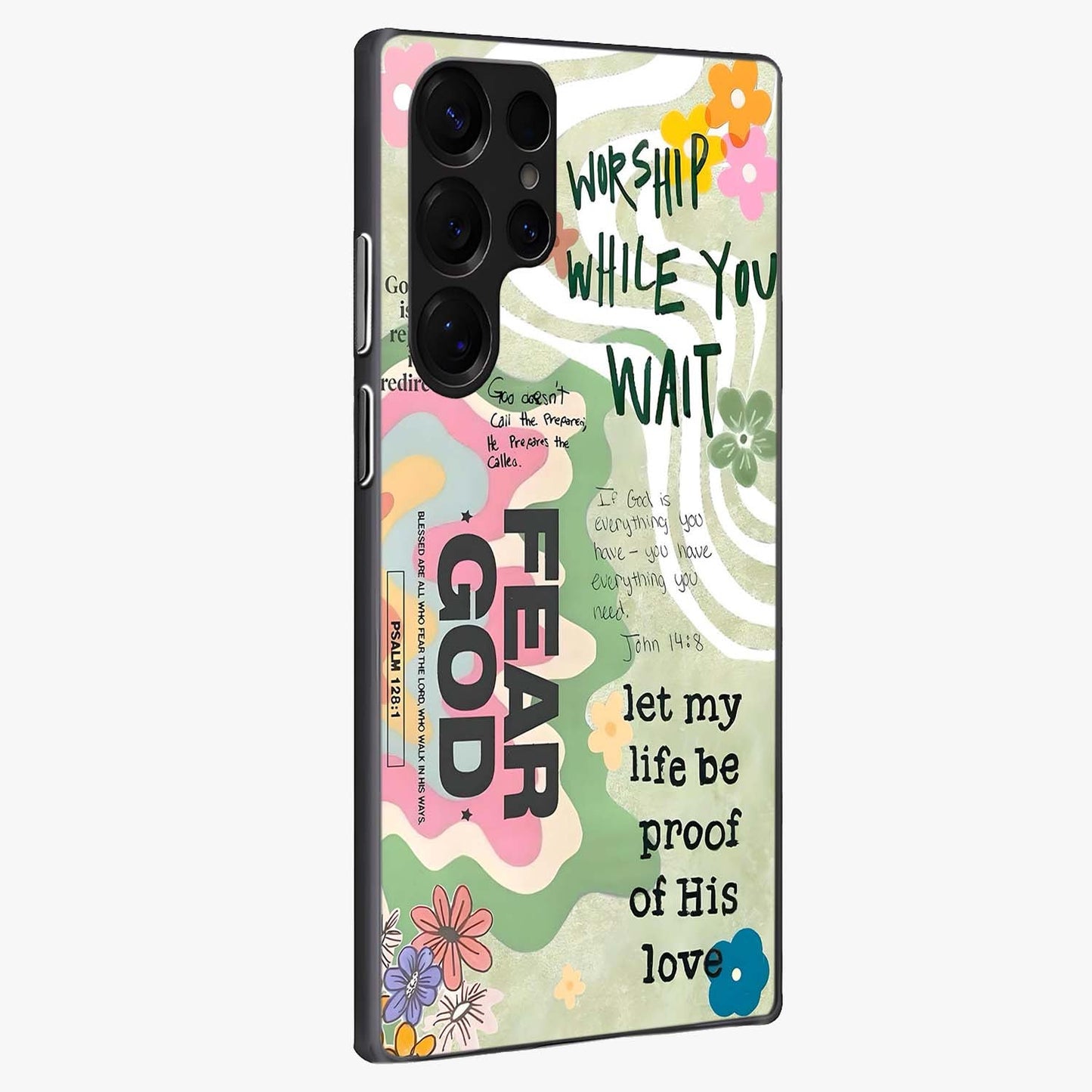 Faith Over Fear Glass Case upright view showcasing bold typography artwork with uplifting motivational theme.