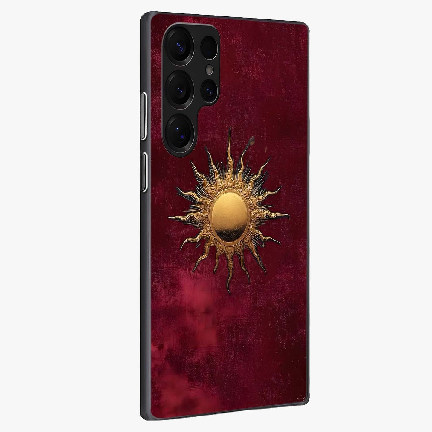 Golden Sun Minimalism Glass Case upright view showcasing simple golden sun artwork with elegant minimalist style.