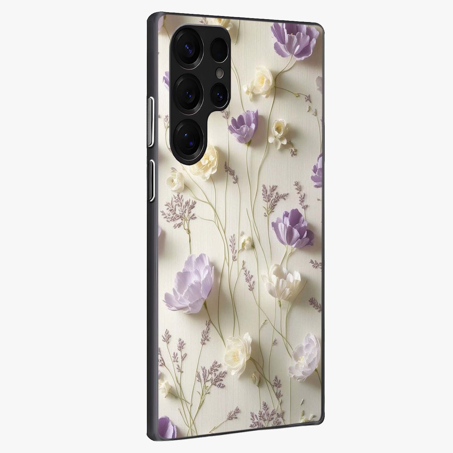 Lilac Breeze Harmony Glass Case upright view showcasing delicate lilac artwork with peaceful floral theme.