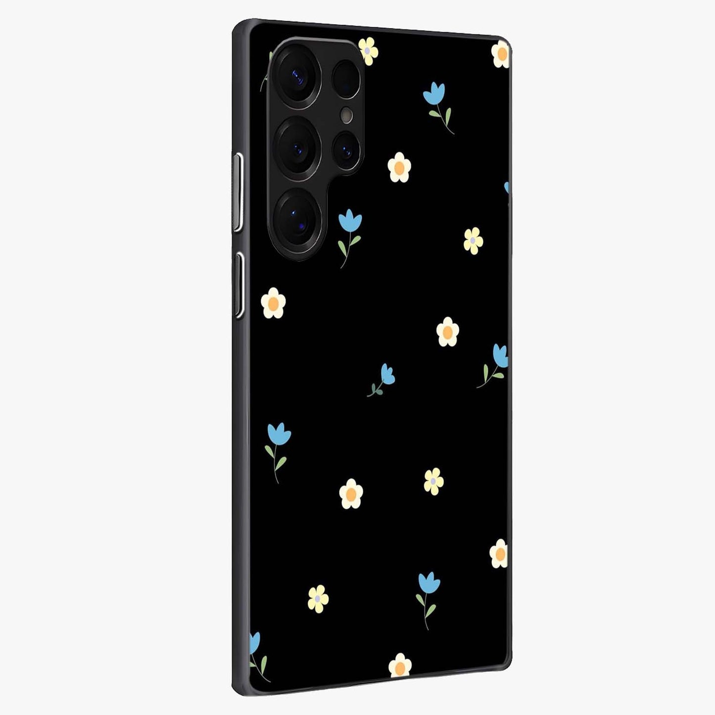 Minimal Petal Whispers Glass Case upright view showcasing elegant floral artwork with modern minimalist style.