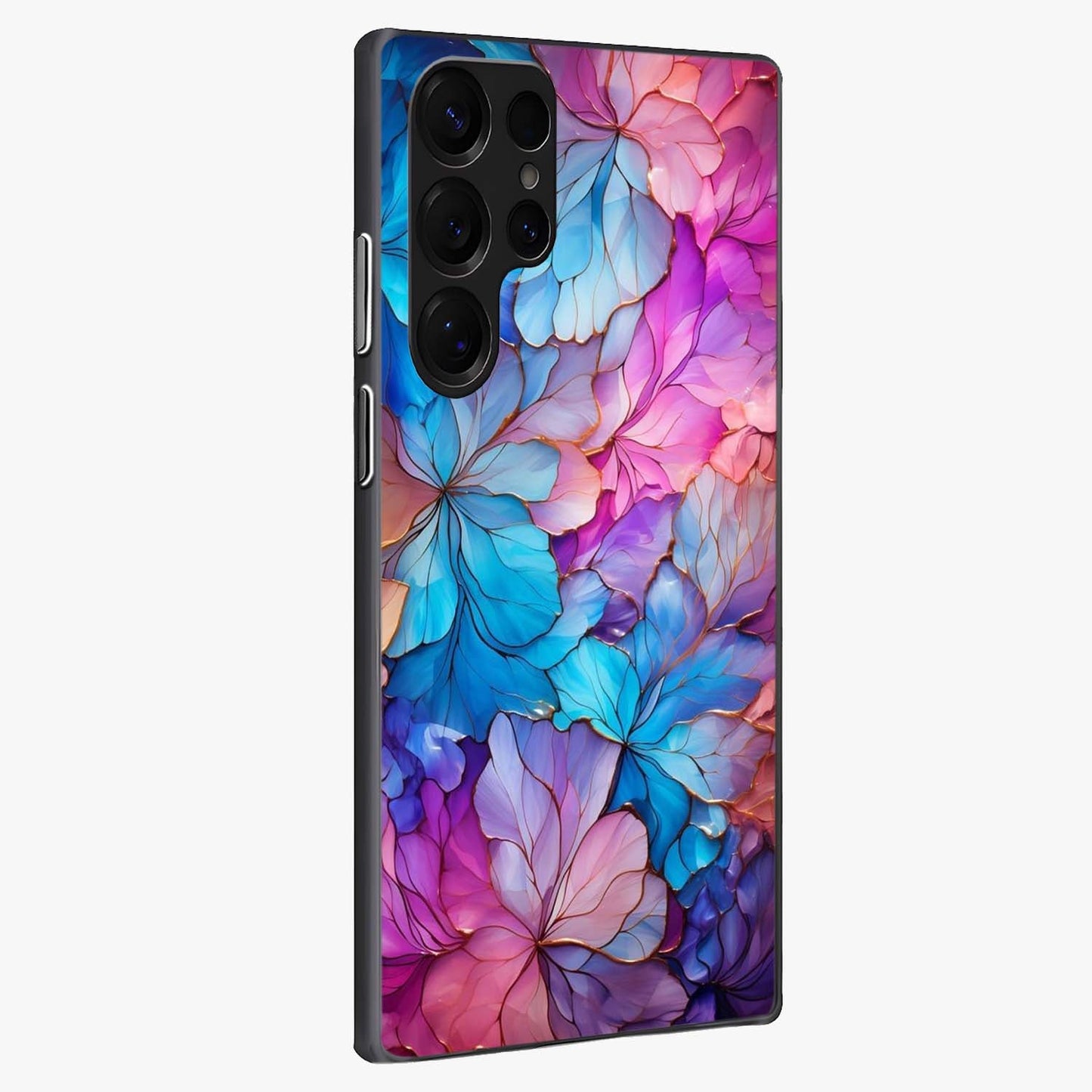 Radiant Floral Whirl Glass Case upright view showcasing lively floral artwork with decorative swirl theme.