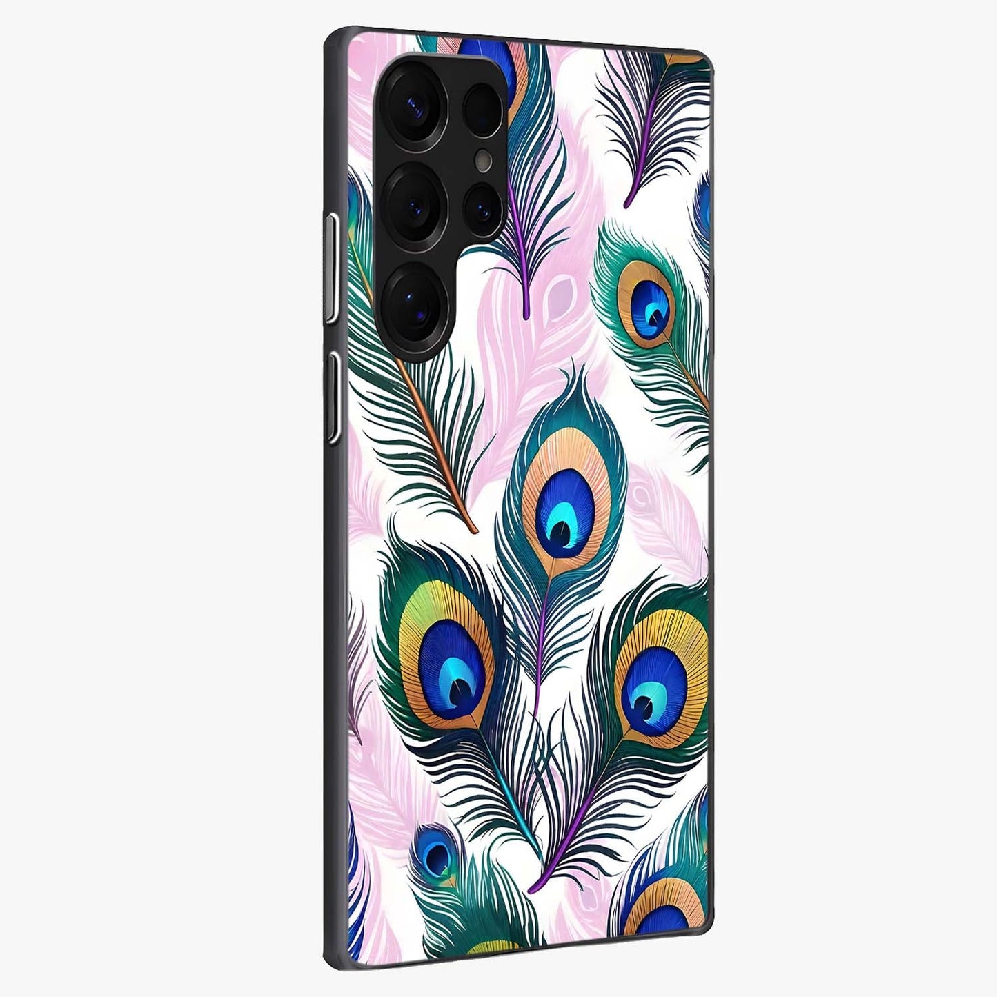Royal Peacock Feathers Glass Case upright view showcasing elegant peacock feather artwork with decorative royal theme.