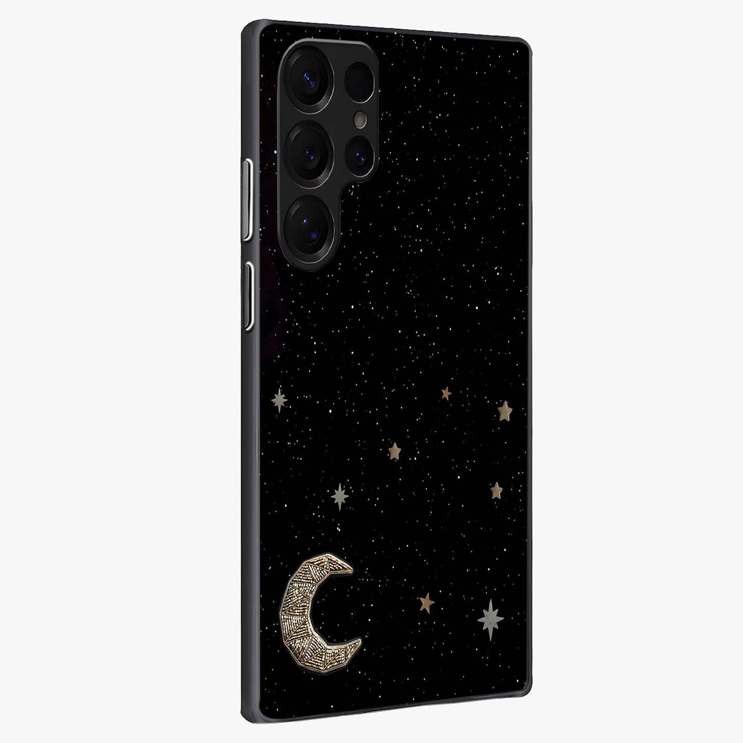 Twinkle Star With Half Moon Glass Case upright view showcasing glowing cosmic artwork with dreamy night theme.