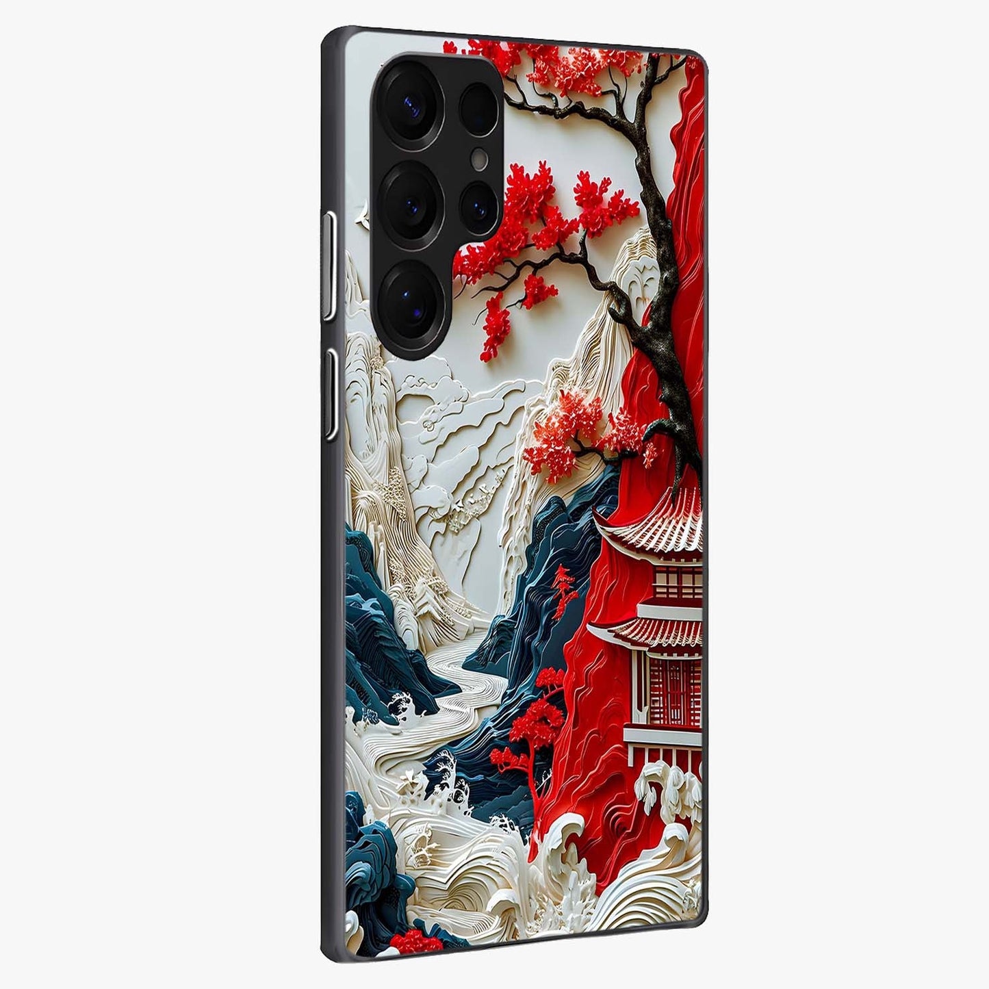 Whispers Of Sakura Waves Glass Case upright view showcasing delicate cherry blossom artwork with elegant nature theme.