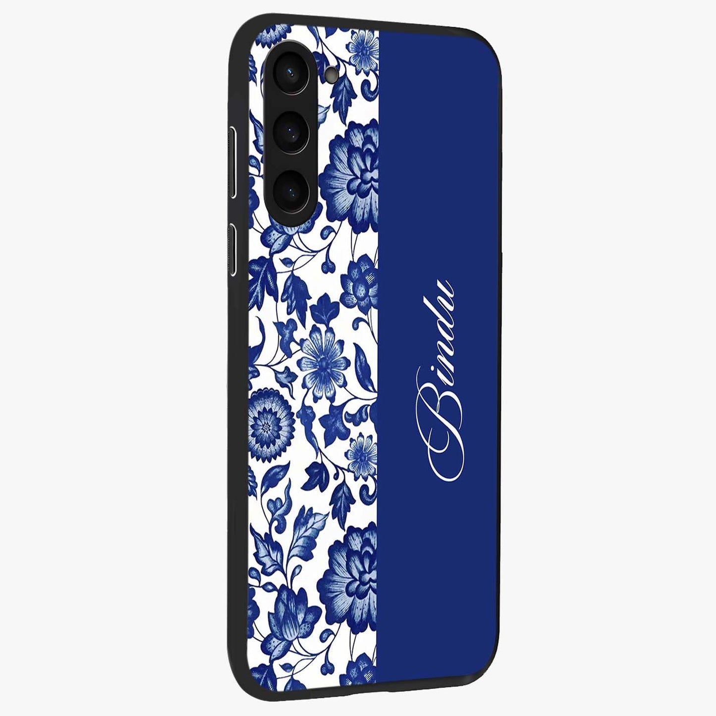 Blue Vintage Floral Pattern Glass Case upright view showcasing delicate blush floral texture with modern minimal style.