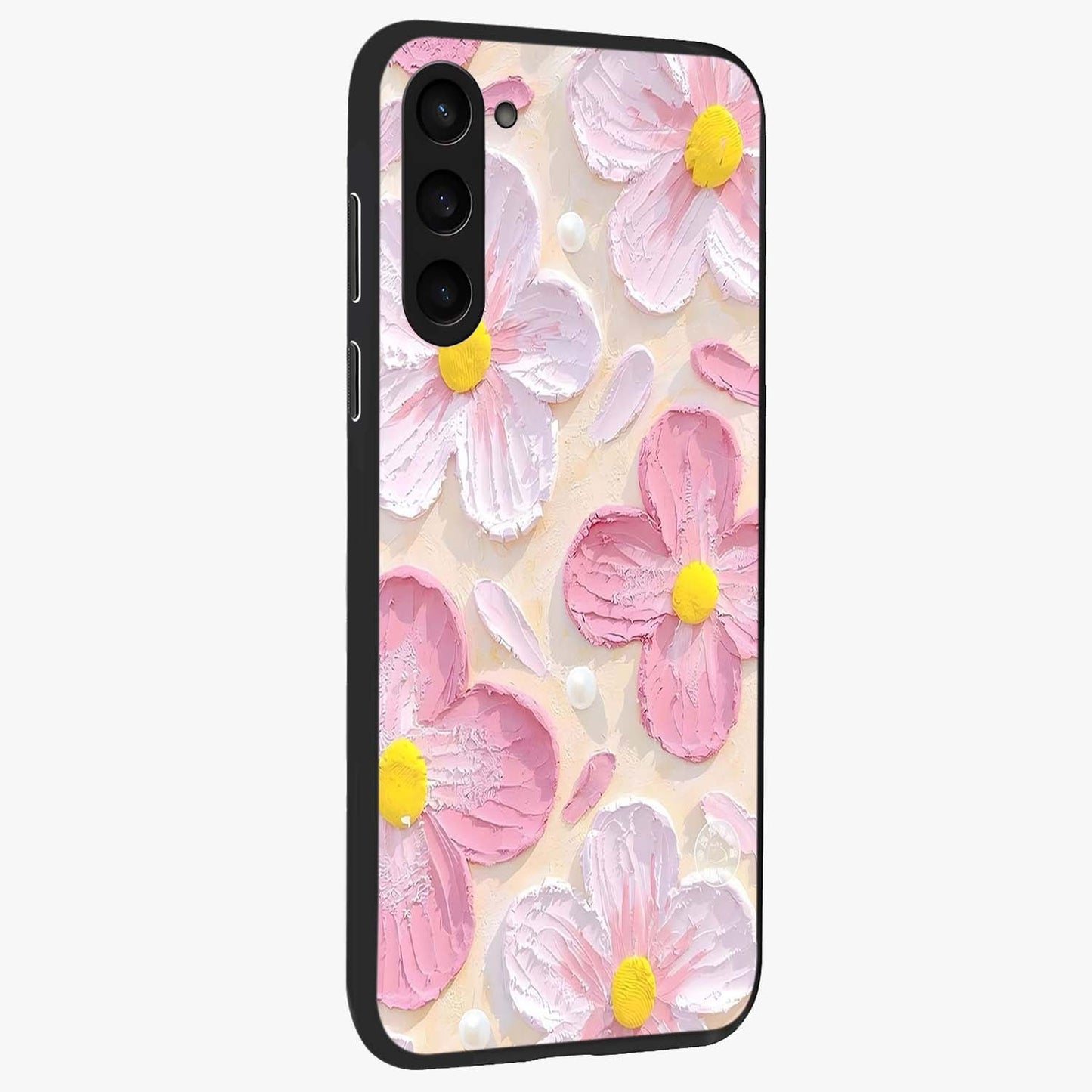 Blush Bloom Texture Glass Case upright view showcasing delicate blush floral texture with modern minimal style.