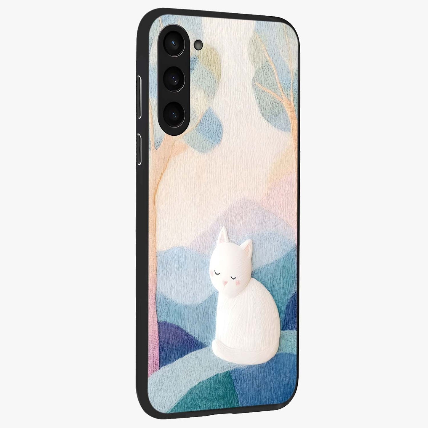 Cotton Dream Cat Glass Case upright view showcasing charming cat artwork with cozy dreamy theme.