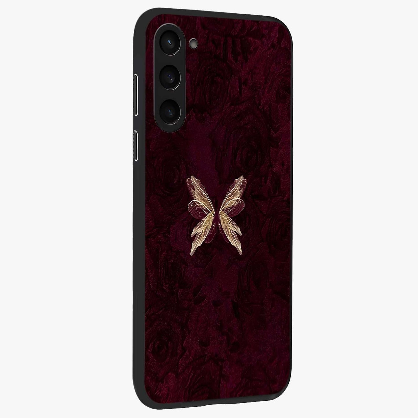 Crimson Fade Butterfly Glass Case upright view showcasing graceful butterfly artwork with soft crimson fade effect.
