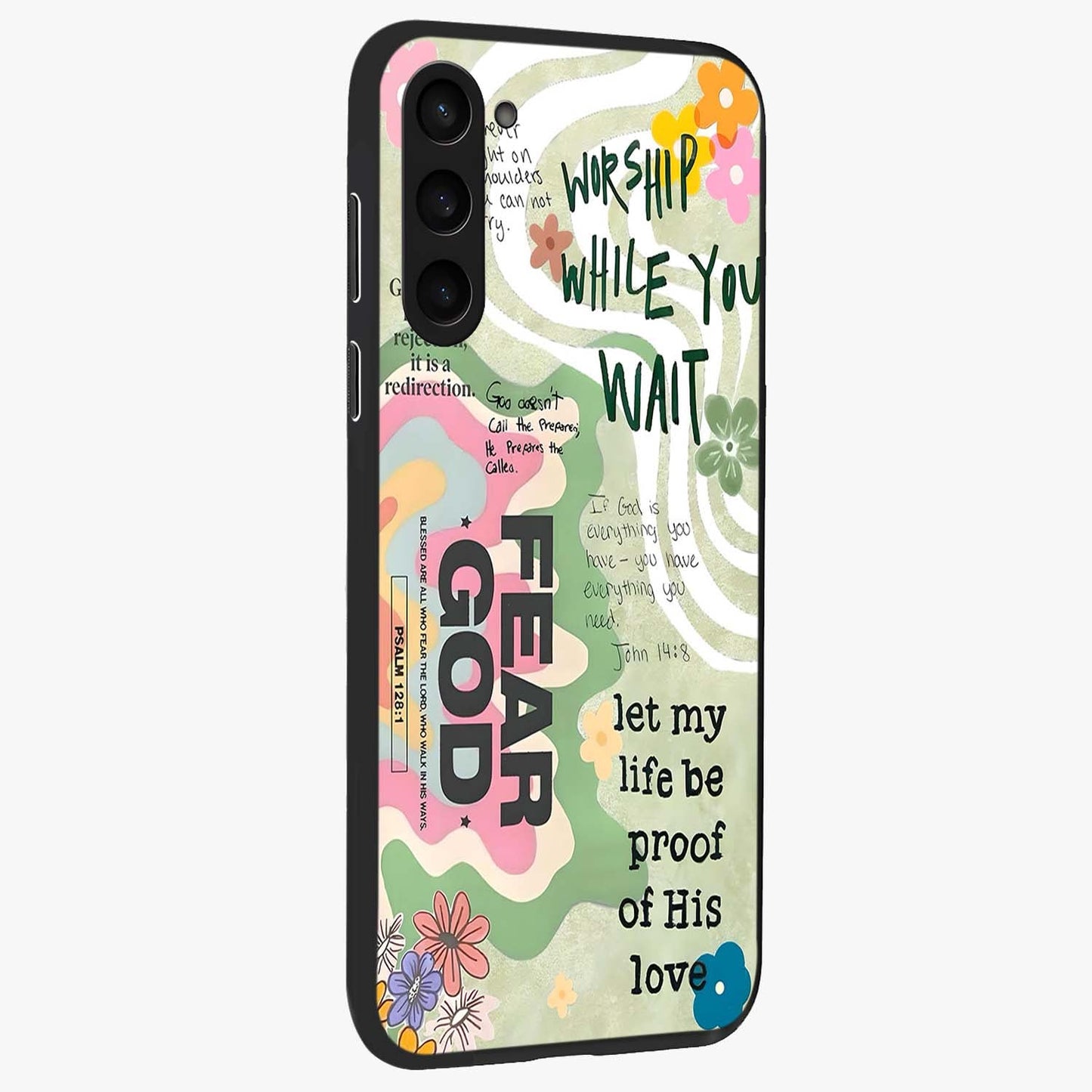 Faith Over Fear Glass Case upright view showcasing bold typography artwork with uplifting motivational theme.
