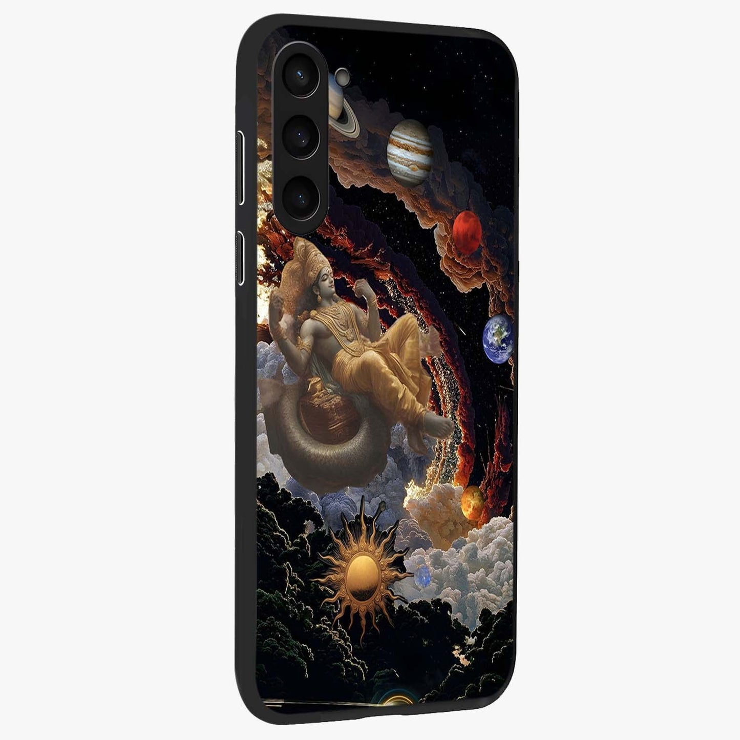 Galactic Divine God Glass Case upright view showcasing mystical divine artwork with dramatic cosmic theme.