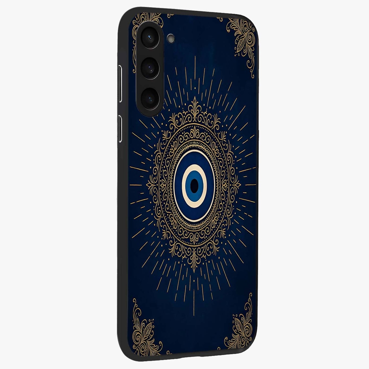 Golden Celestial Charm Glass Case upright view showcasing radiant celestial artwork with elegant golden theme.