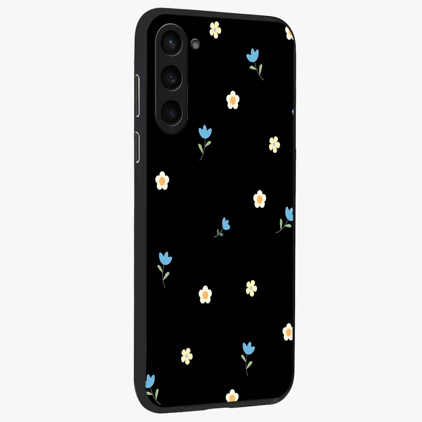 Minimal Petal Whispers Glass Case upright view showcasing elegant floral artwork with modern minimalist style.