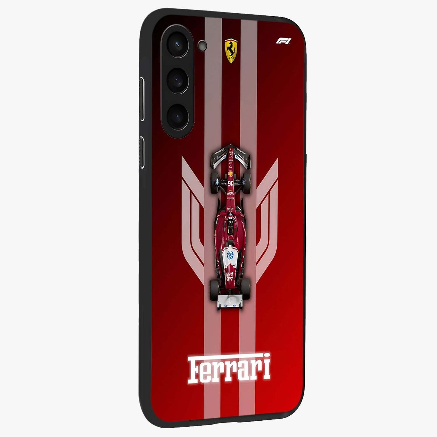 Red Ferrari F1 Vertical Glass Case upright view showcasing powerful Formula car artwork with dynamic motorsport theme.