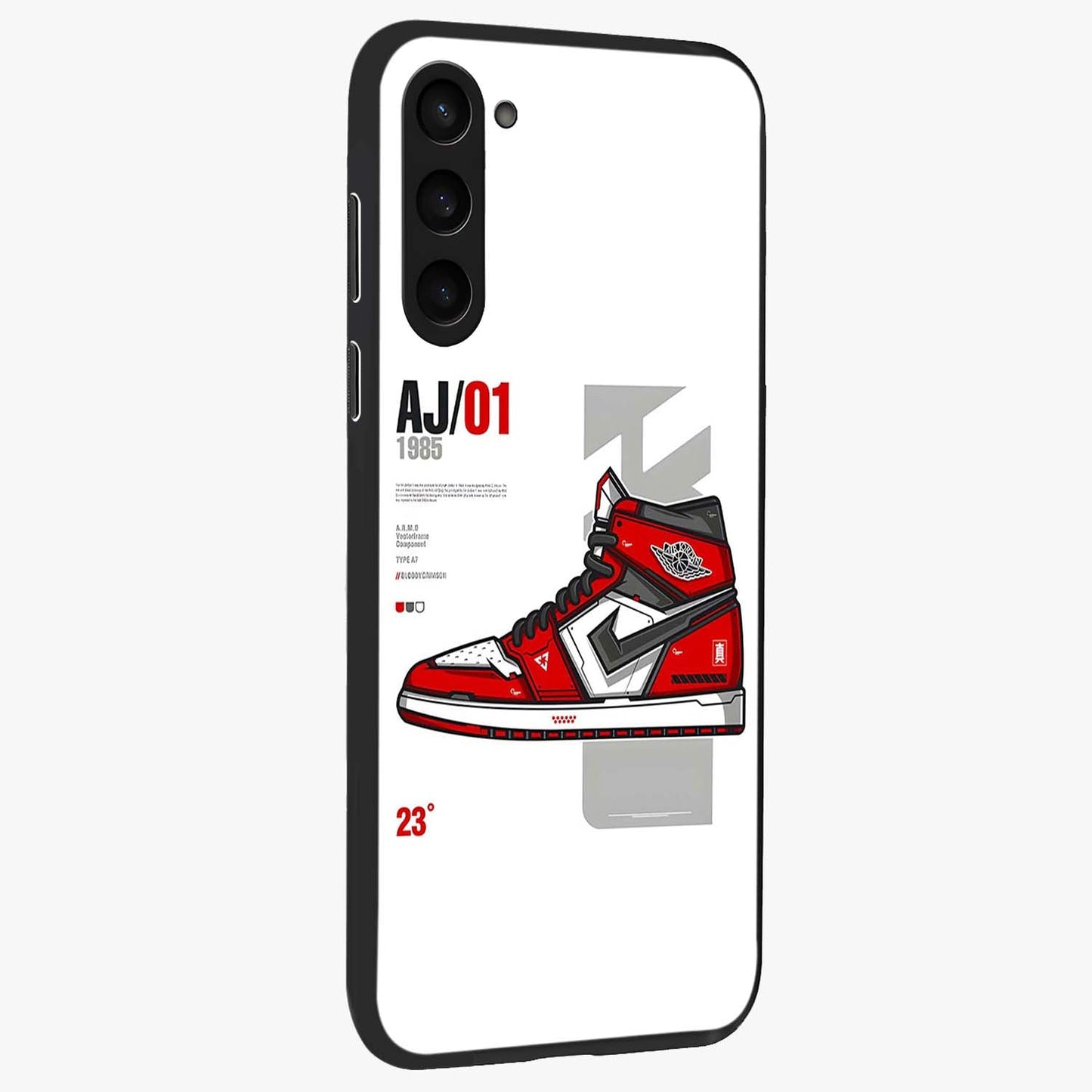 Retro Sneaker Blueprint Glass Case upright view showcasing stylish sneaker illustration with vintage streetwear theme.