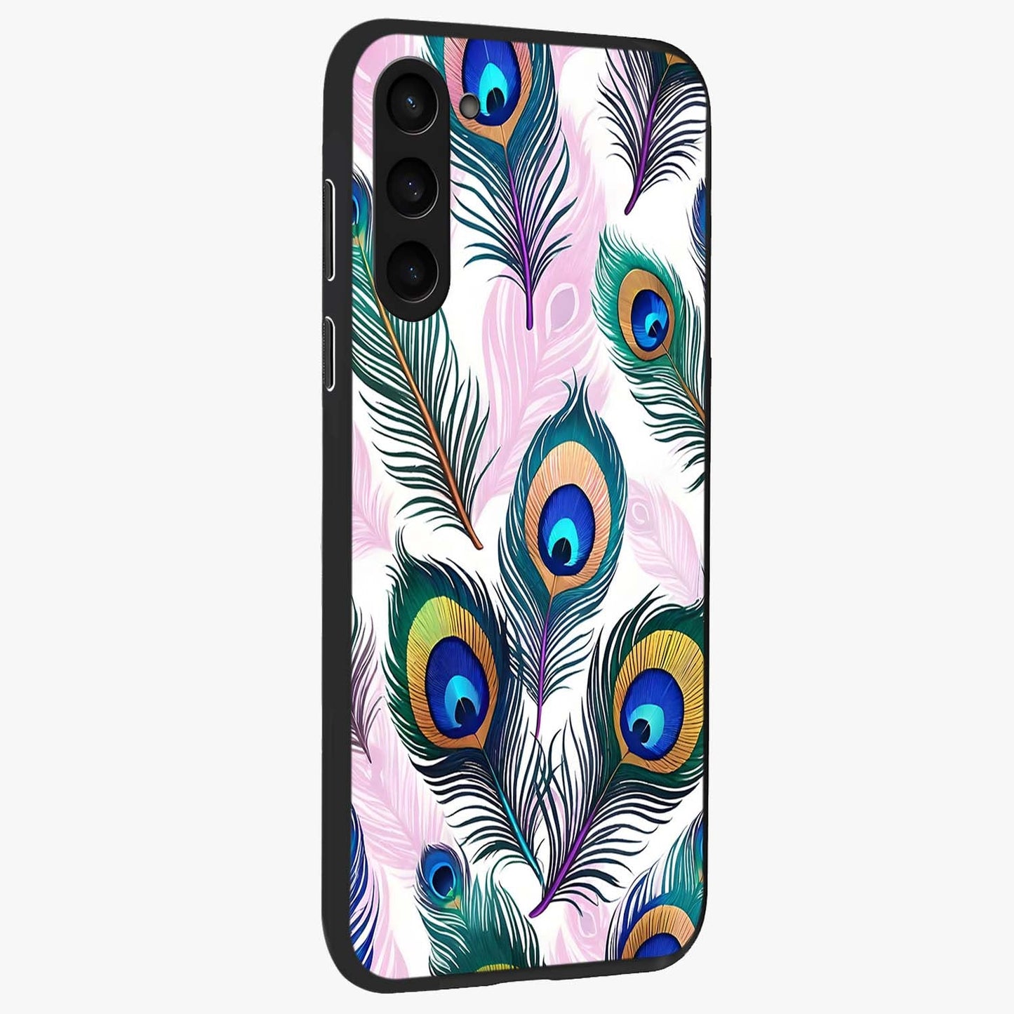 Royal Peacock Feathers Glass Case upright view showcasing elegant peacock feather artwork with decorative royal theme.