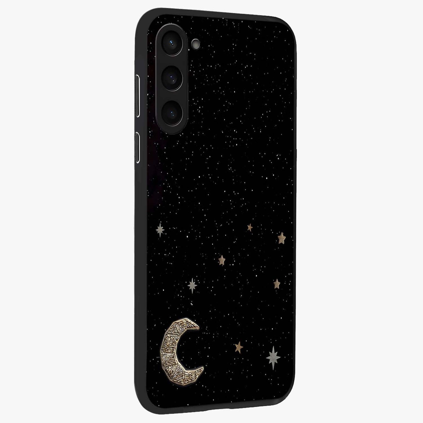 Twinkle Star With Half Moon Glass Case upright view showcasing glowing cosmic artwork with dreamy night theme.