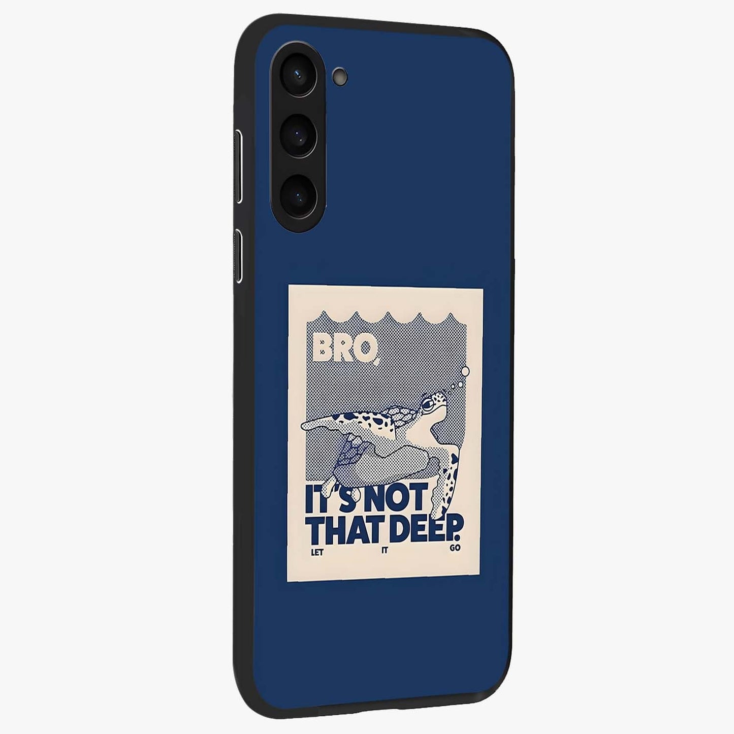 Worry Less Swim Glass Case upright view showcasing cheerful artistic artwork with carefree inspirational theme.