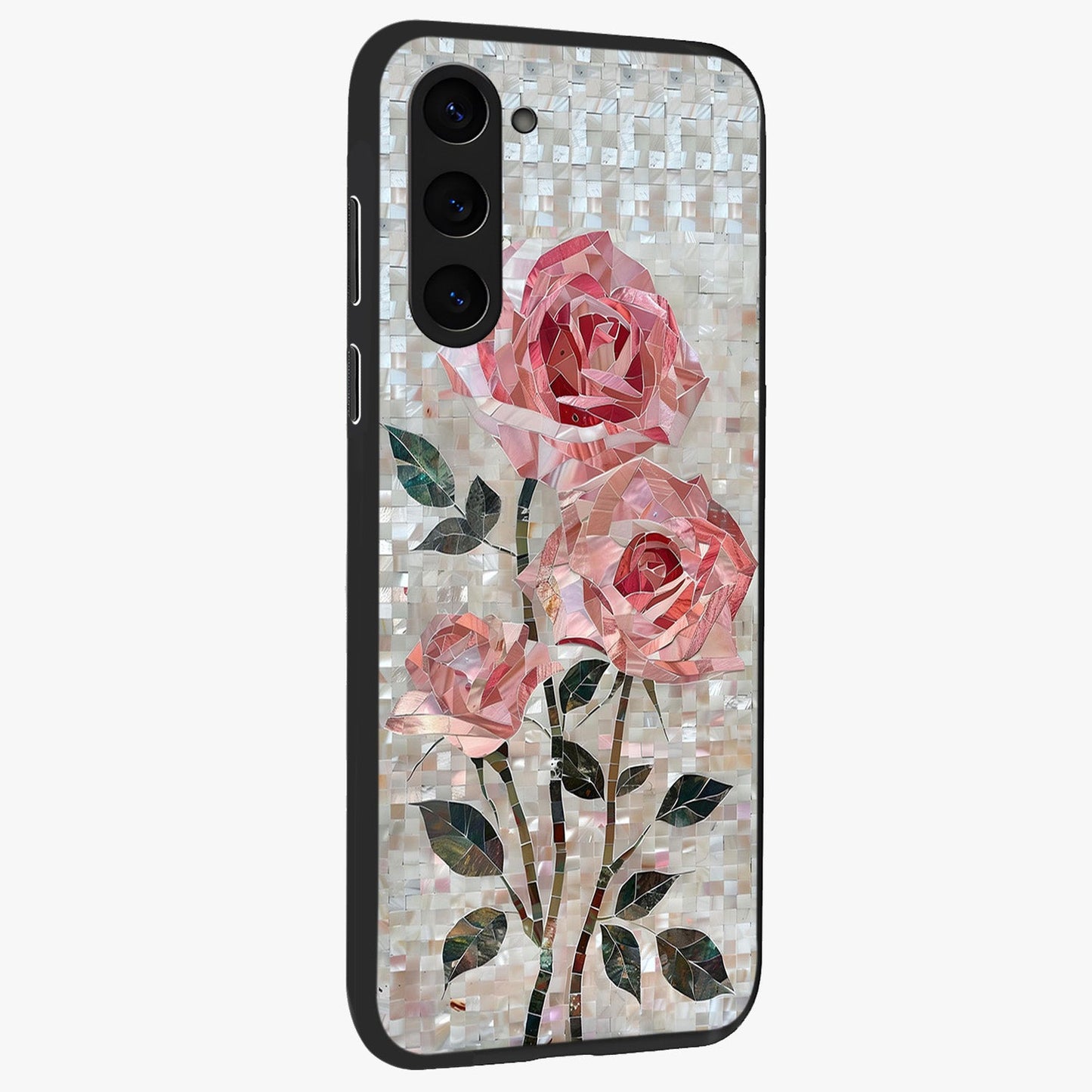 Blush Mosaic Bloom Glass Case upright view showcasing decorative floral mosaic artwork with stylish modern aesthetic.