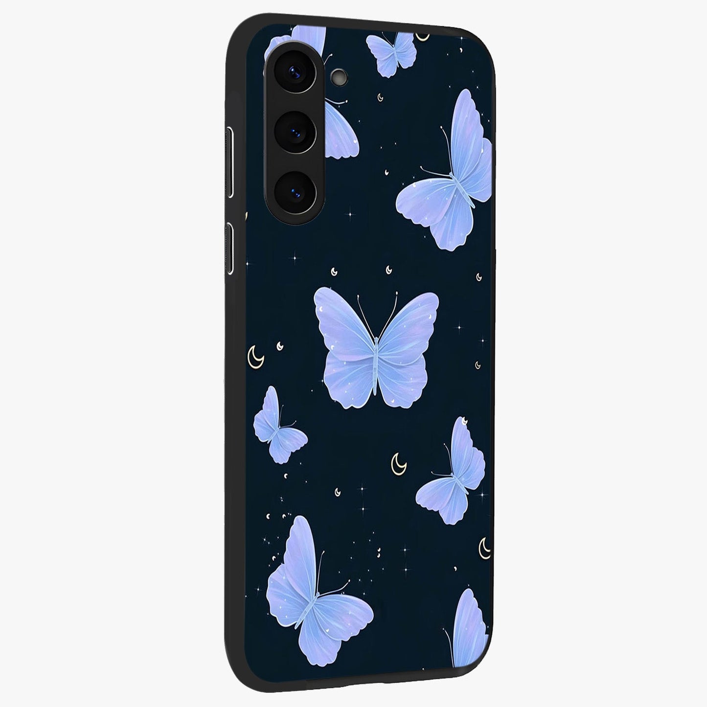 Butterfly With Stars Pattern Glass Case upright view showcasing celestial butterfly artwork with sparkling star elements.