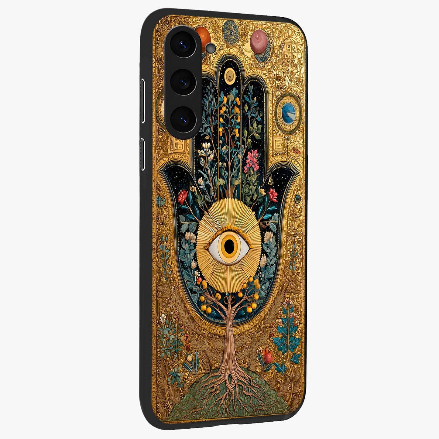 Ethereal Evil Eye Glass Case upright view showcasing celestial evil eye artwork with mystical theme.