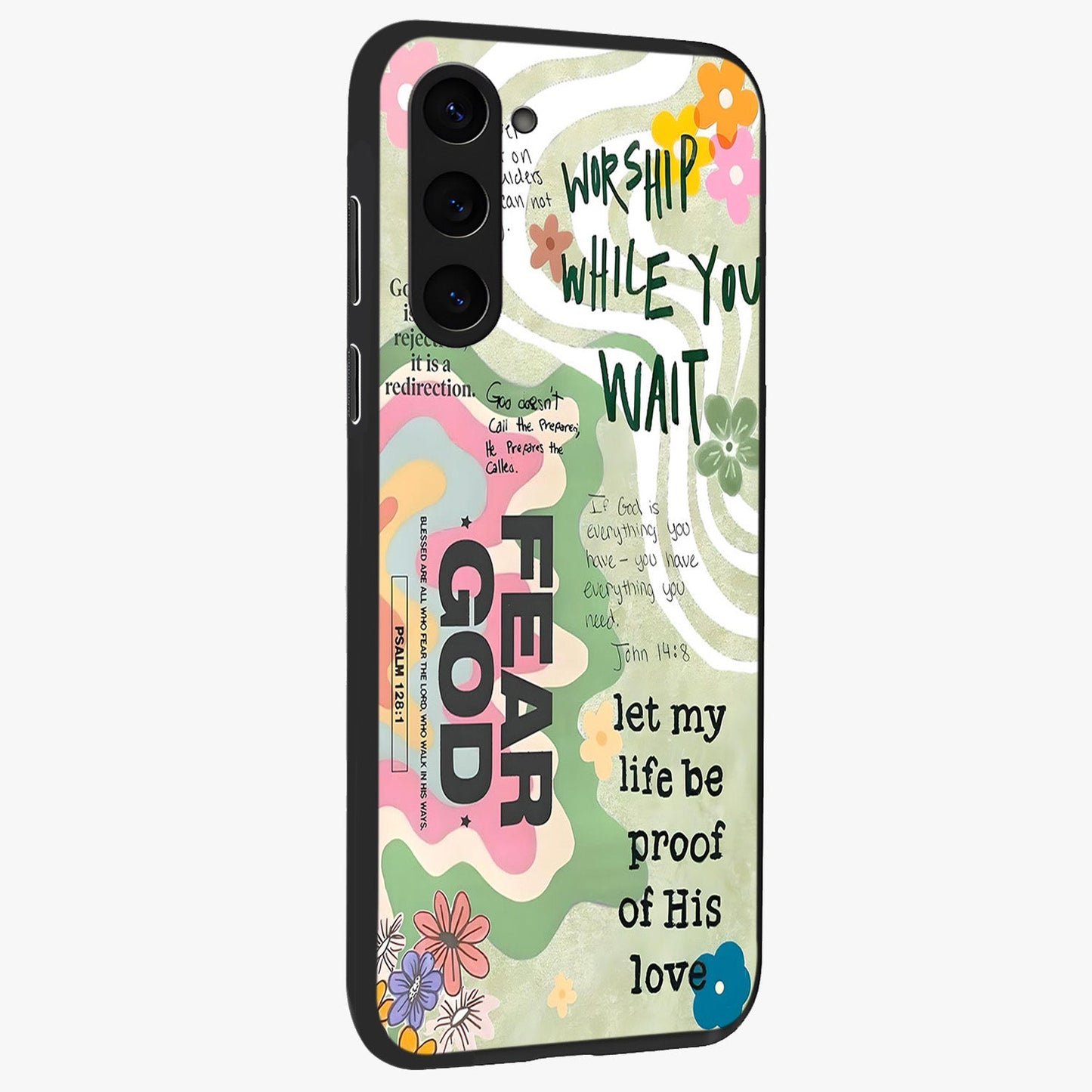 Faith Over Fear Glass Case upright view showcasing bold typography artwork with uplifting motivational theme.