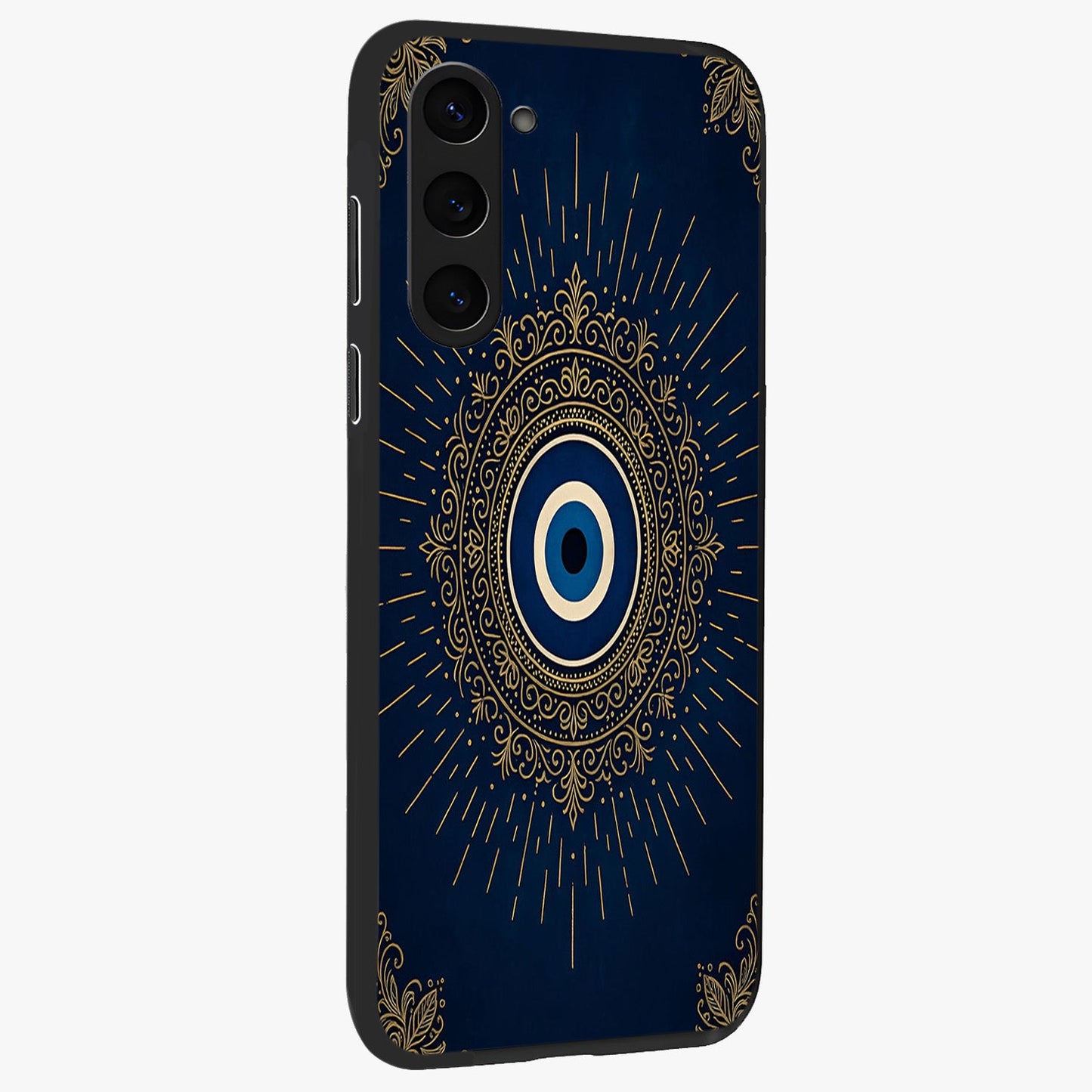 Golden Celestial Charm Glass Case upright view showcasing radiant celestial artwork with elegant golden theme.