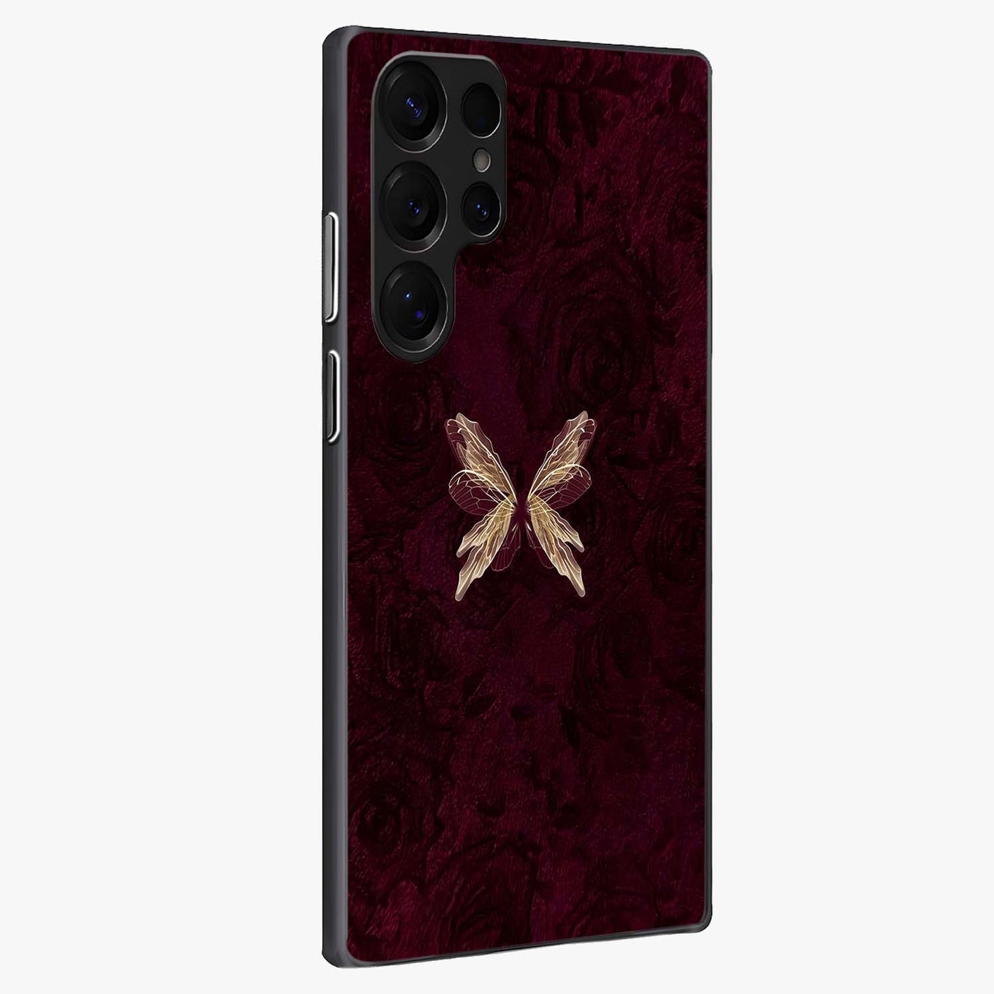 Crimson Fade Butterfly Glass Case upright view showcasing graceful butterfly artwork with soft crimson fade effect.