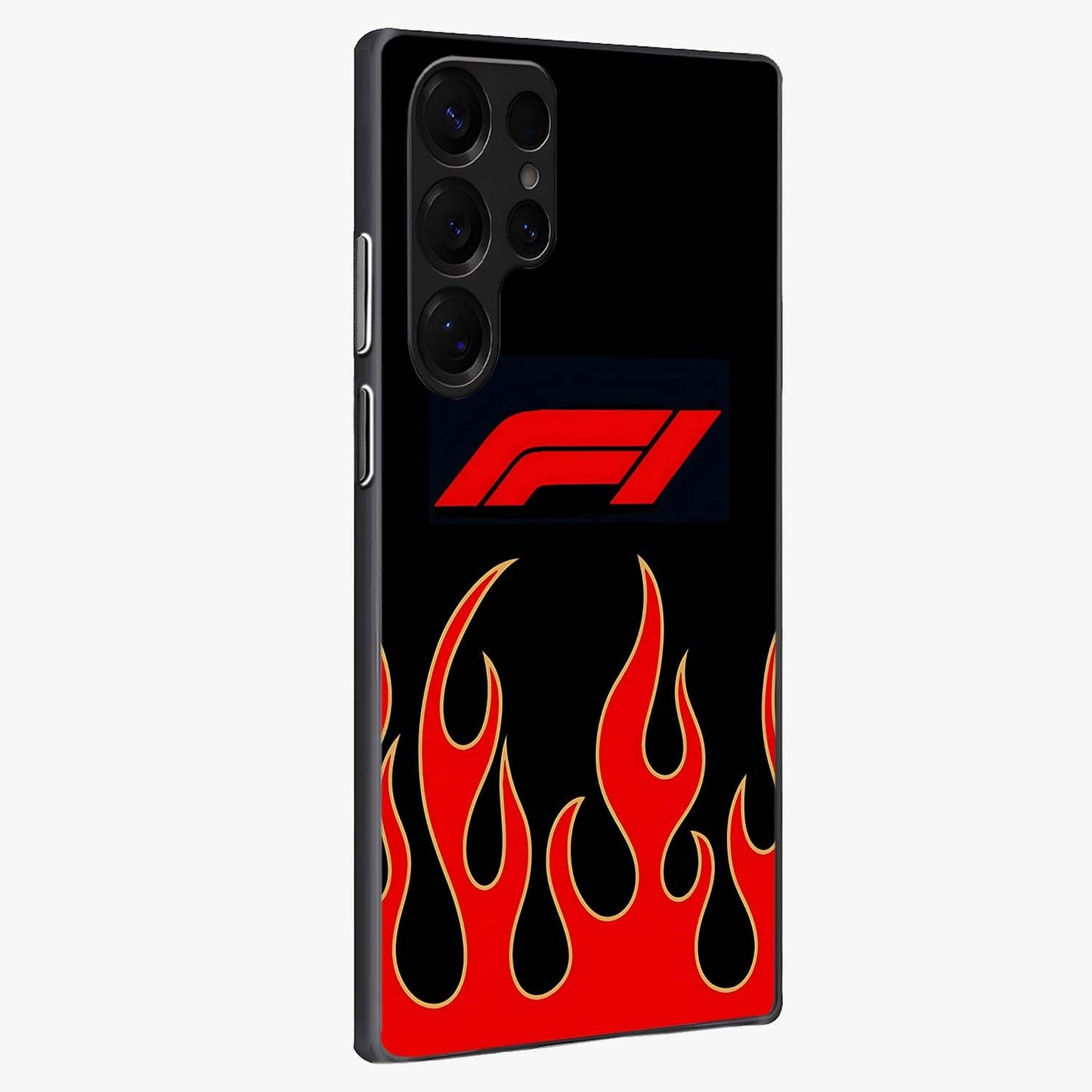 Fire F11 Glass Case upright view showcasing dynamic flame artwork with intense visual theme.