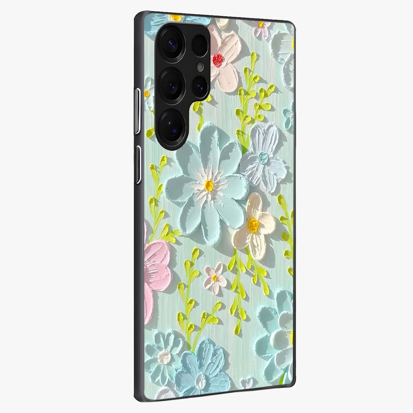Frosted Petal Garden Glass Case upright view showcasing elegant floral garden artwork with soothing pastel theme.