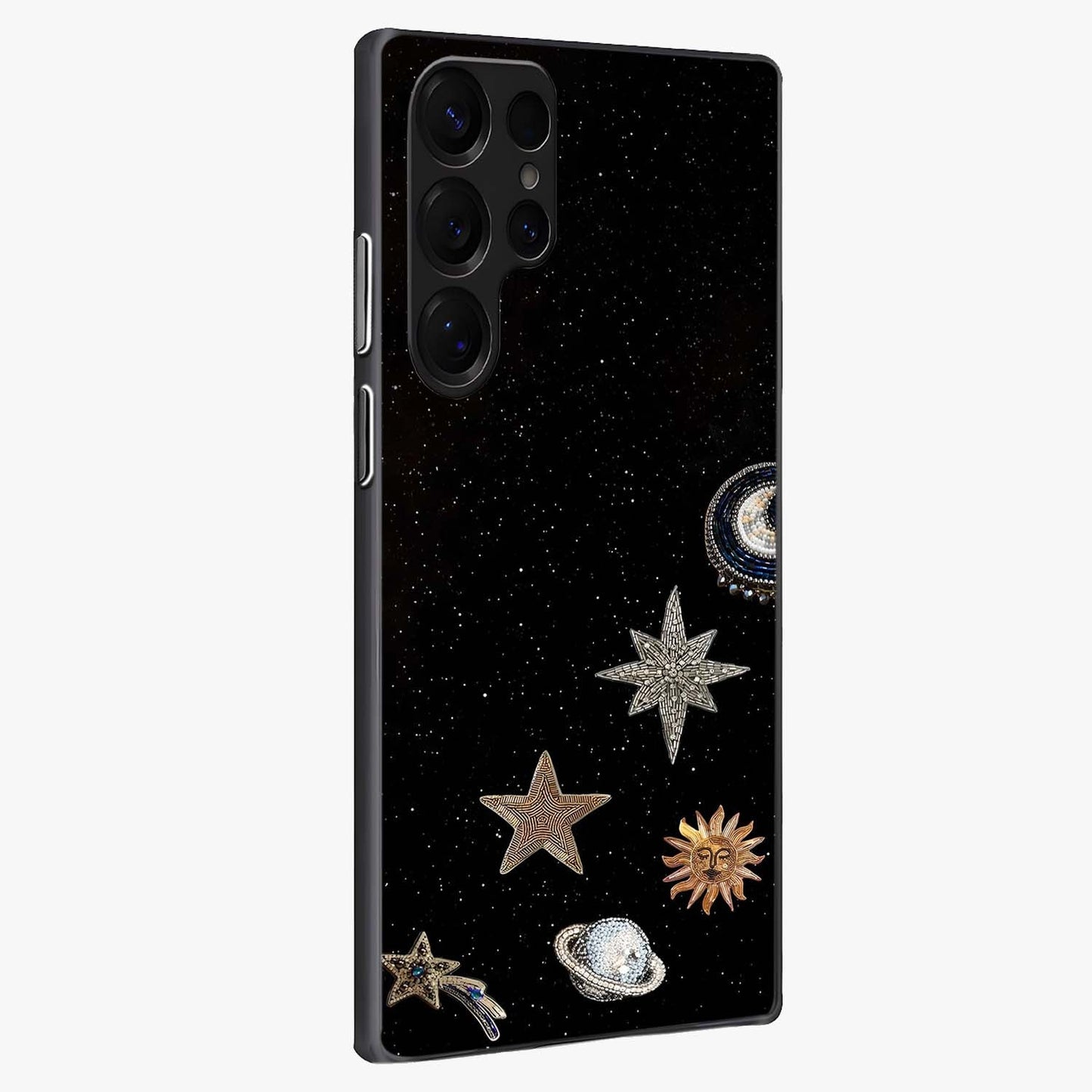 Galactic Charm Glow Glass Case upright view showcasing glowing cosmic charm artwork with magical celestial style.