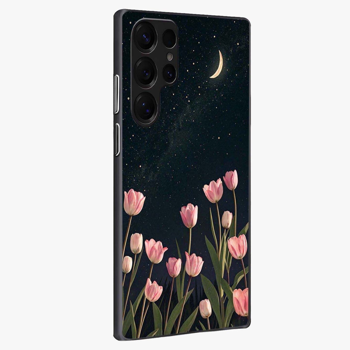 Midnight Tulip Whispers Vibe Glass Case upright view showcasing graceful tulip artwork with calm botanical theme.