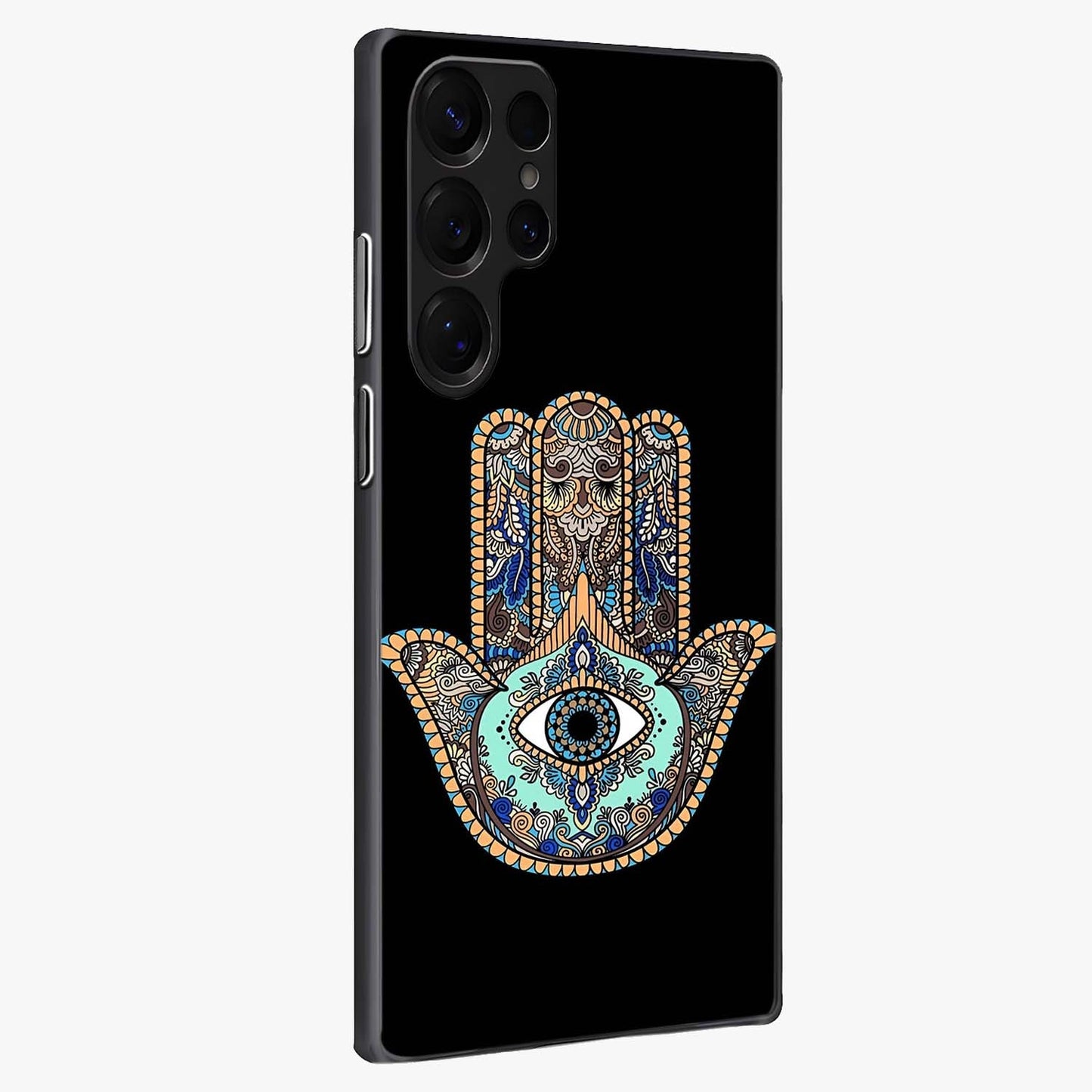 Mystic Hamsa Eye Glass Case upright view showcasing detailed hamsa eye artwork with protective spiritual theme.