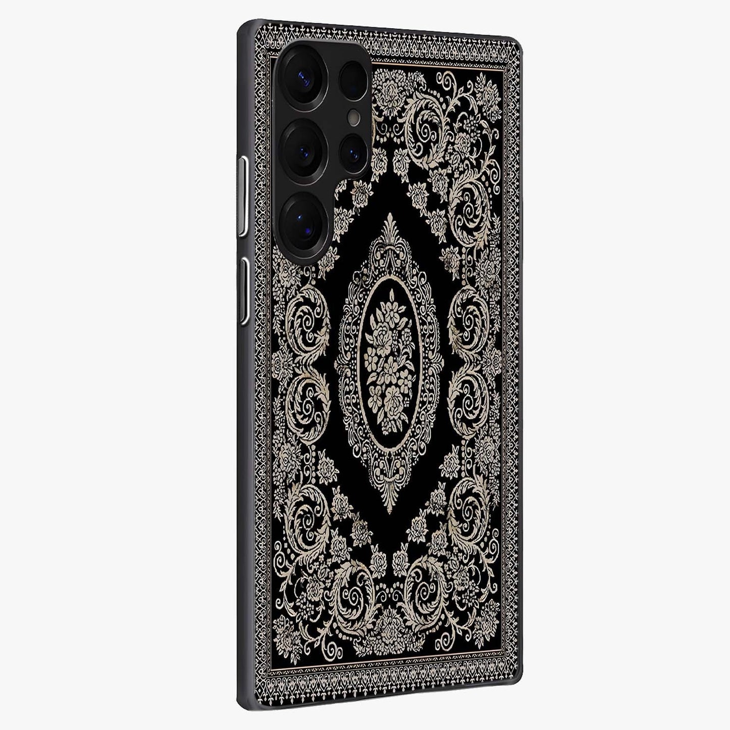 Noir Bloom Elegance Glass Case upright view showcasing graceful floral artwork with luxurious dark theme.