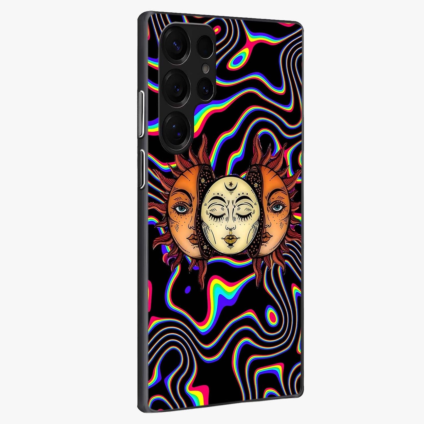 Psychedelic Sun Glass Case upright view showcasing trippy sun artwork with bold psychedelic theme.