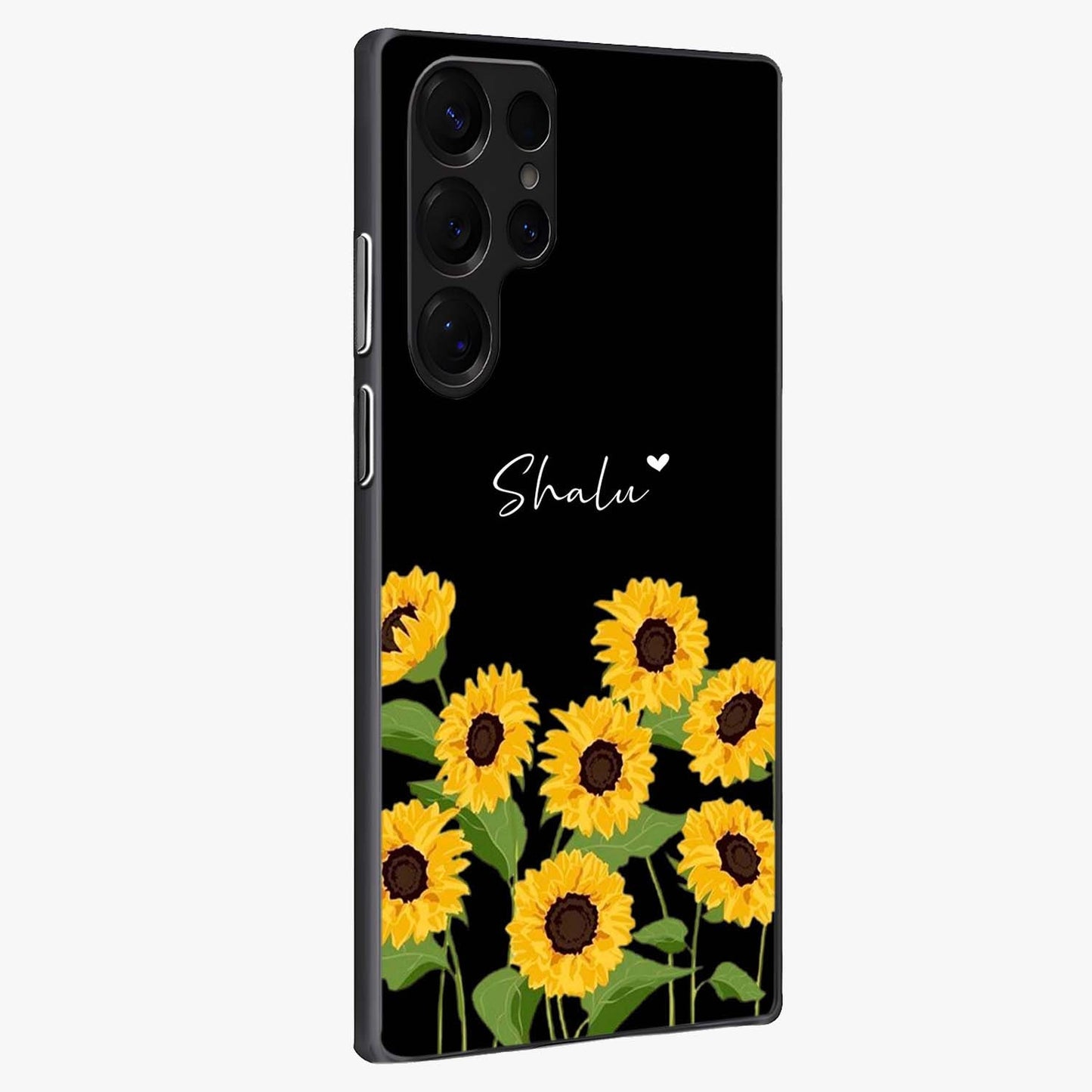 Sunflower Chic Mood Custom Name Glass Case upright view showcasing cheerful sunflower artwork with trendy floral theme.