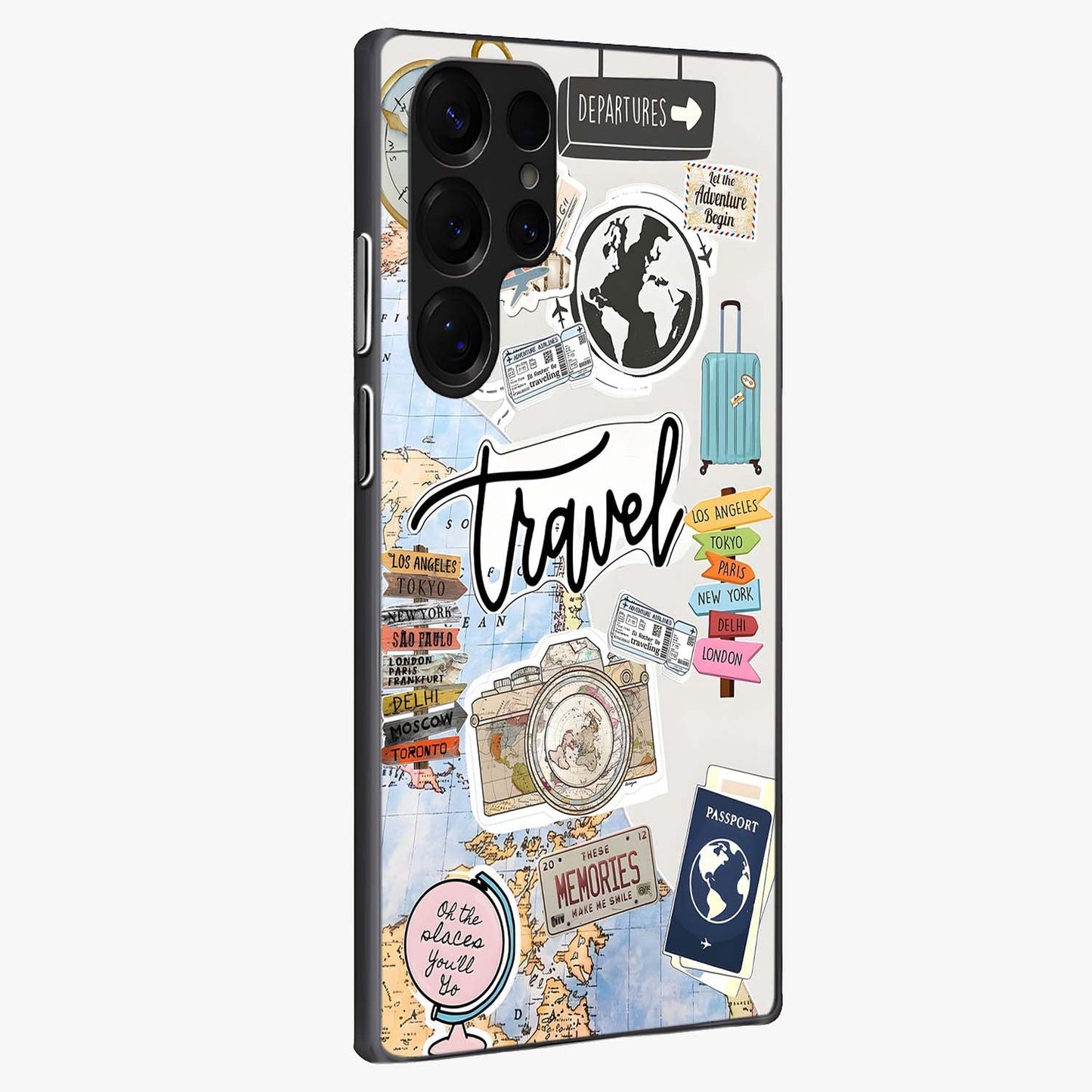 Wanderlust Journal Glass Case upright view showcasing wanderlust inspired artwork with creative exploration theme.