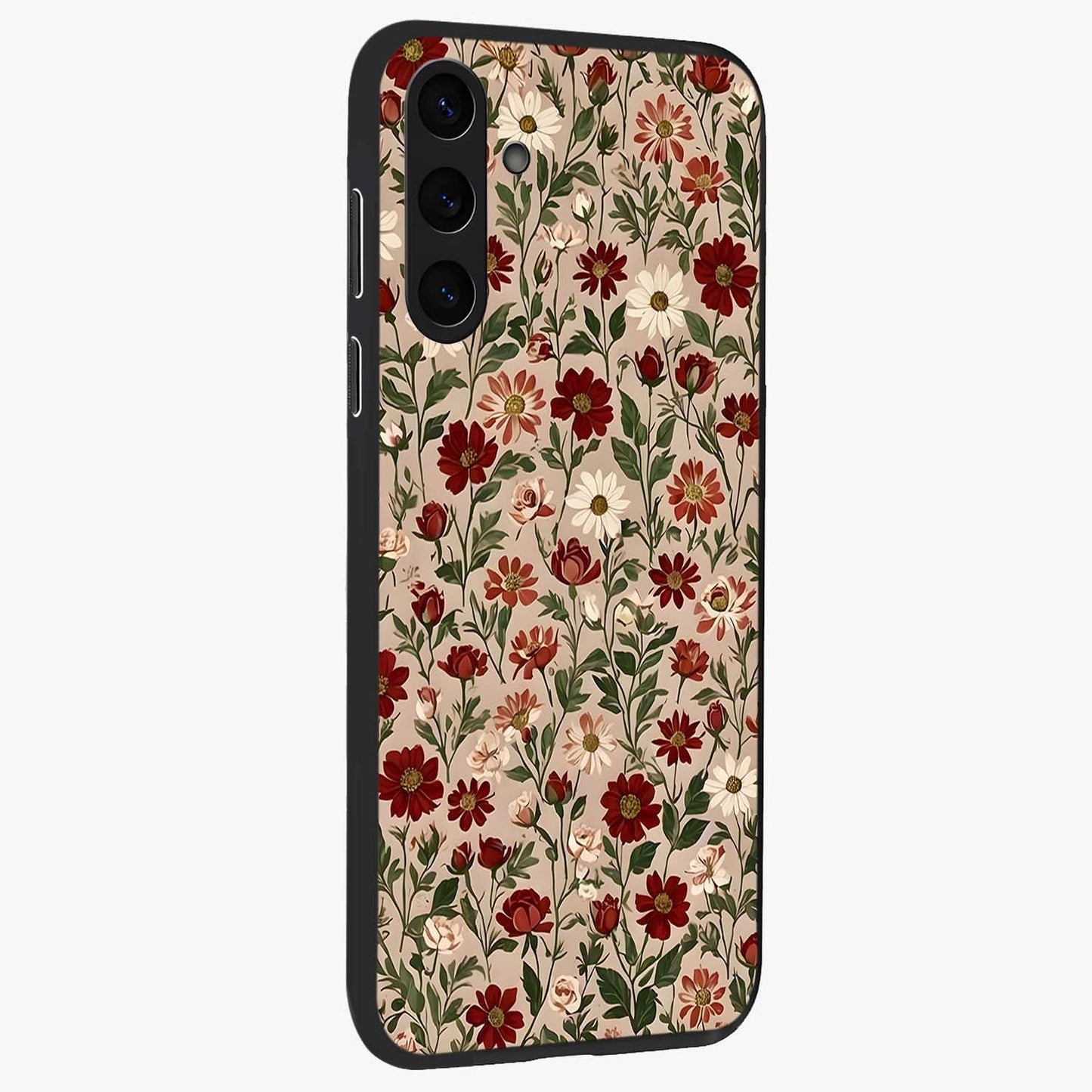 Biege Flower With Leaf Glass Case upright view showcasing delicate beige flower illustration with clean botanical style.