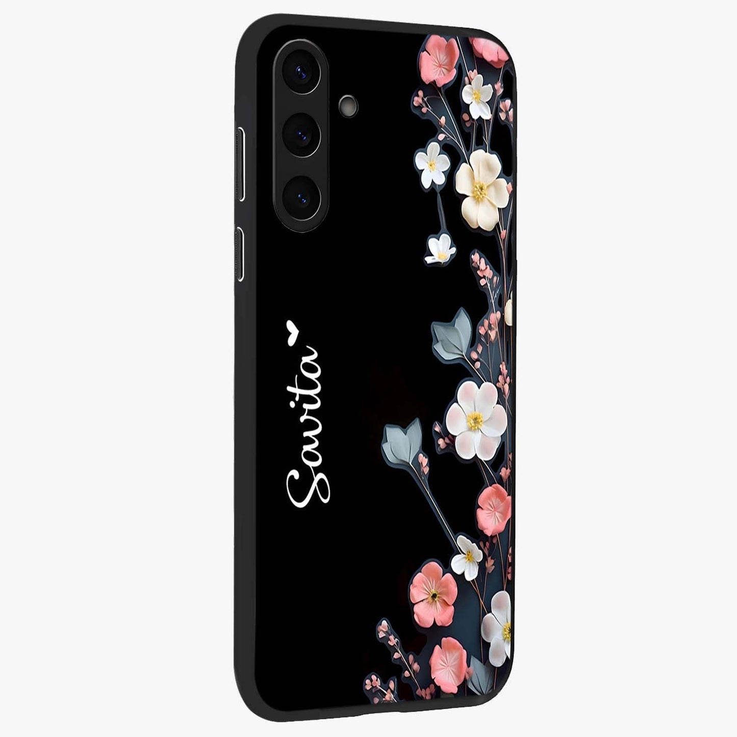 Black Elegance Floral Custom Name Glass Case upright view showcasing luxurious black floral design with personalized name detail.