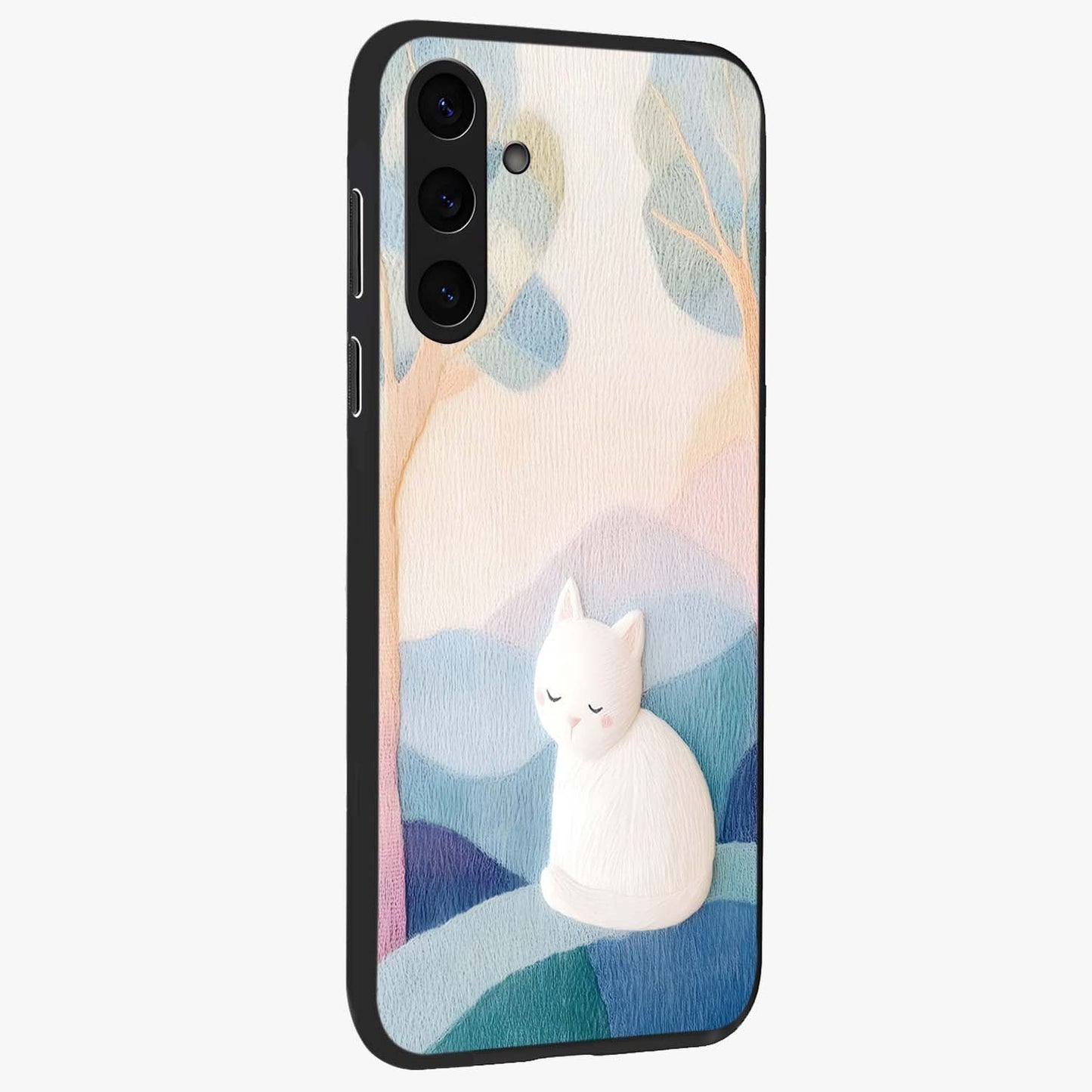 Cotton Dream Cat Glass Case upright view showcasing charming cat artwork with cozy dreamy theme.