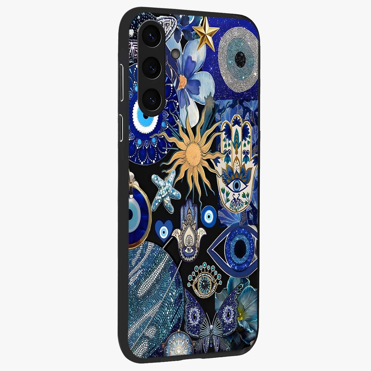 Evil Eye Charm Mix Glass Case upright view showcasing mystical evil eye pattern with vibrant decorative style.