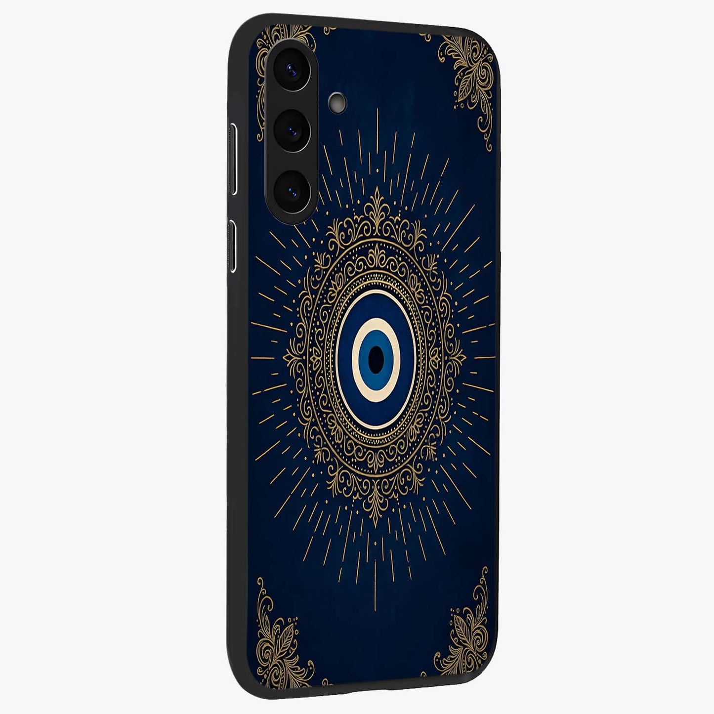 Golden Celestial Charm Glass Case upright view showcasing radiant celestial artwork with elegant golden theme.