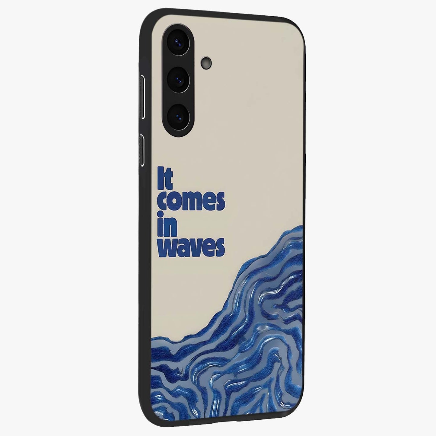 It Comes In Waves Quote Glass Case upright view showcasing calm wave artwork with motivational quote theme.