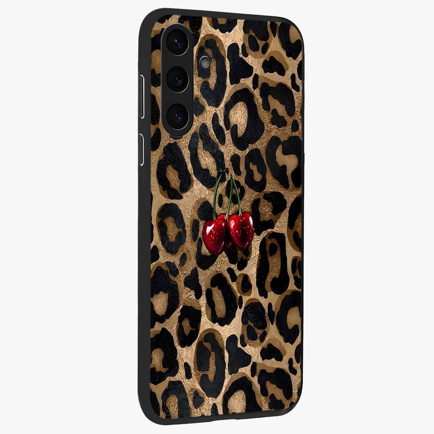 Leopard Wild Cherry Glass Case upright view showcasing stylish leopard pattern artwork with trendy fashion theme.