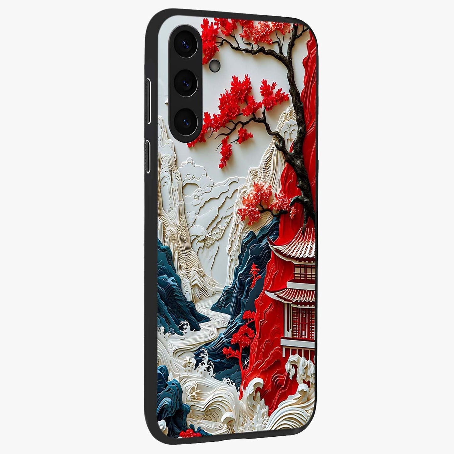 Whispers Of Sakura Waves Glass Case upright view showcasing delicate cherry blossom artwork with elegant nature theme.