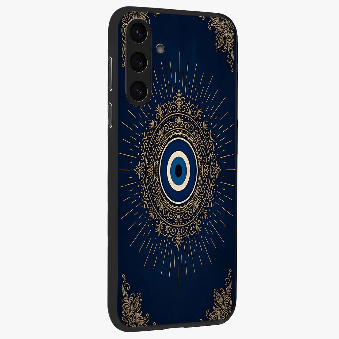 Golden Celestial Charm Glass Case upright view showcasing radiant celestial artwork with elegant golden theme.