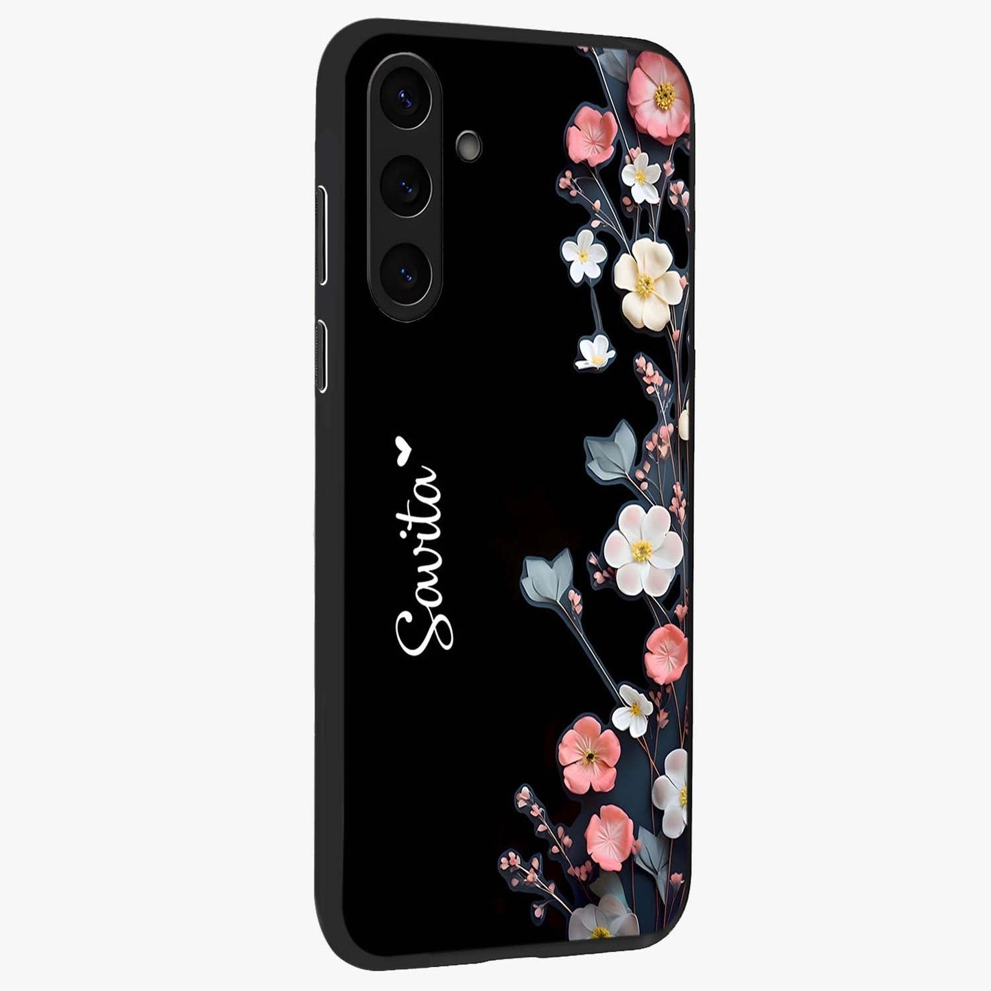 Black Elegance Floral Custom Name Glass Case upright view showcasing luxurious black floral design with personalized name detail.