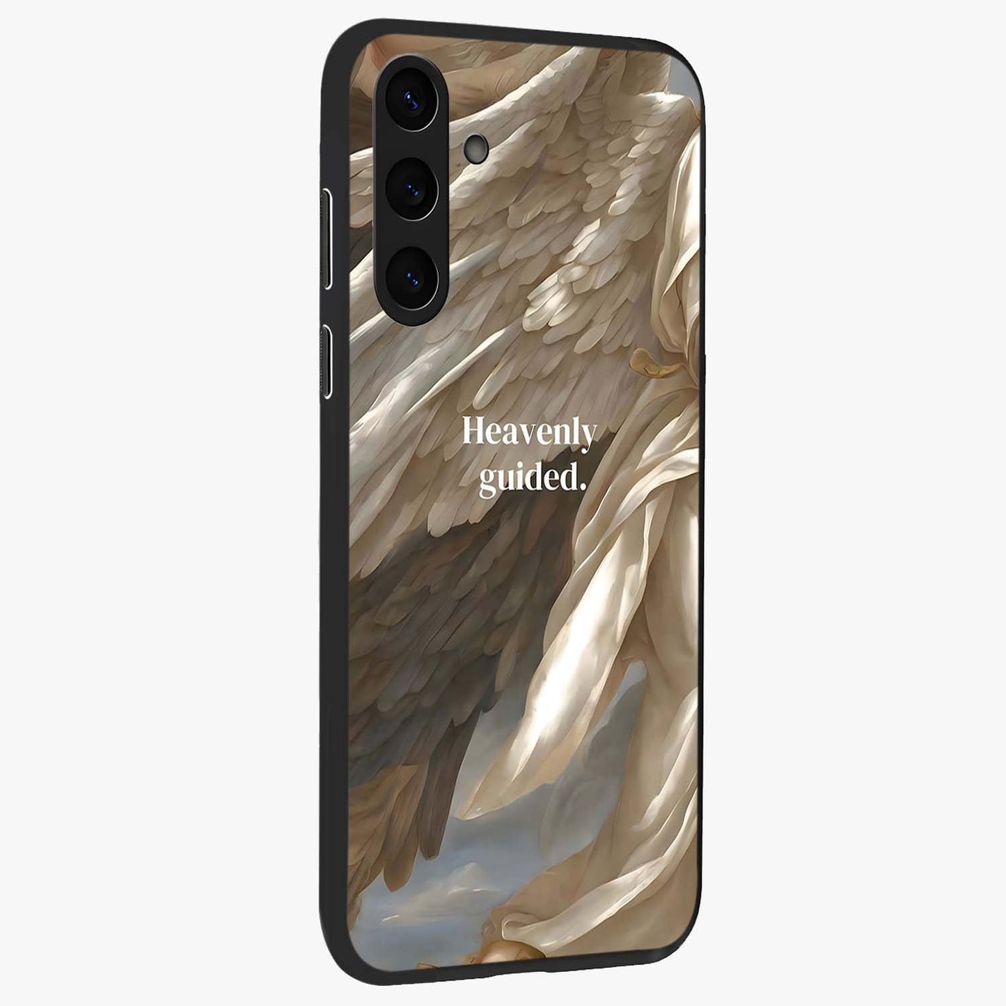 Divine Winged Grace Glass Case upright view showcasing spiritual wing artwork with soft celestial theme.